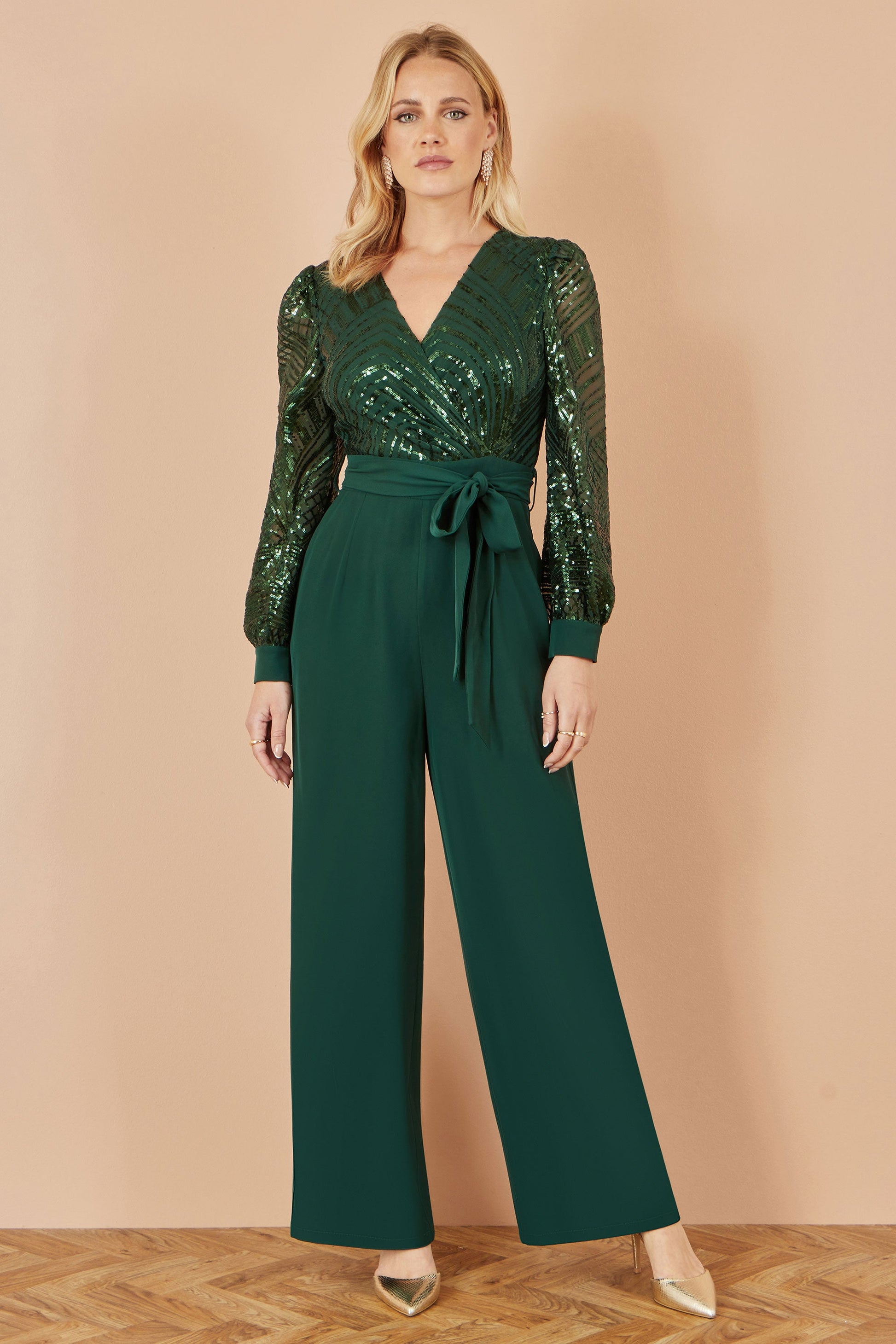 Green Sequin Wrap Over Jumpsuit - Sizes 8 to 16