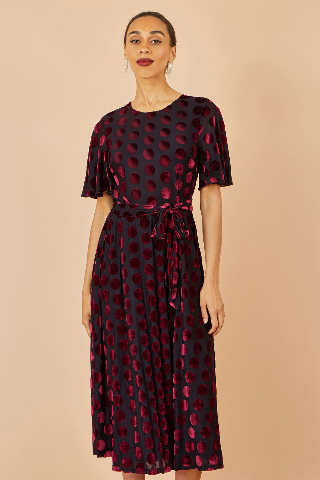 Burgundy Velour Spot Midi Dress - Size 8 to 16