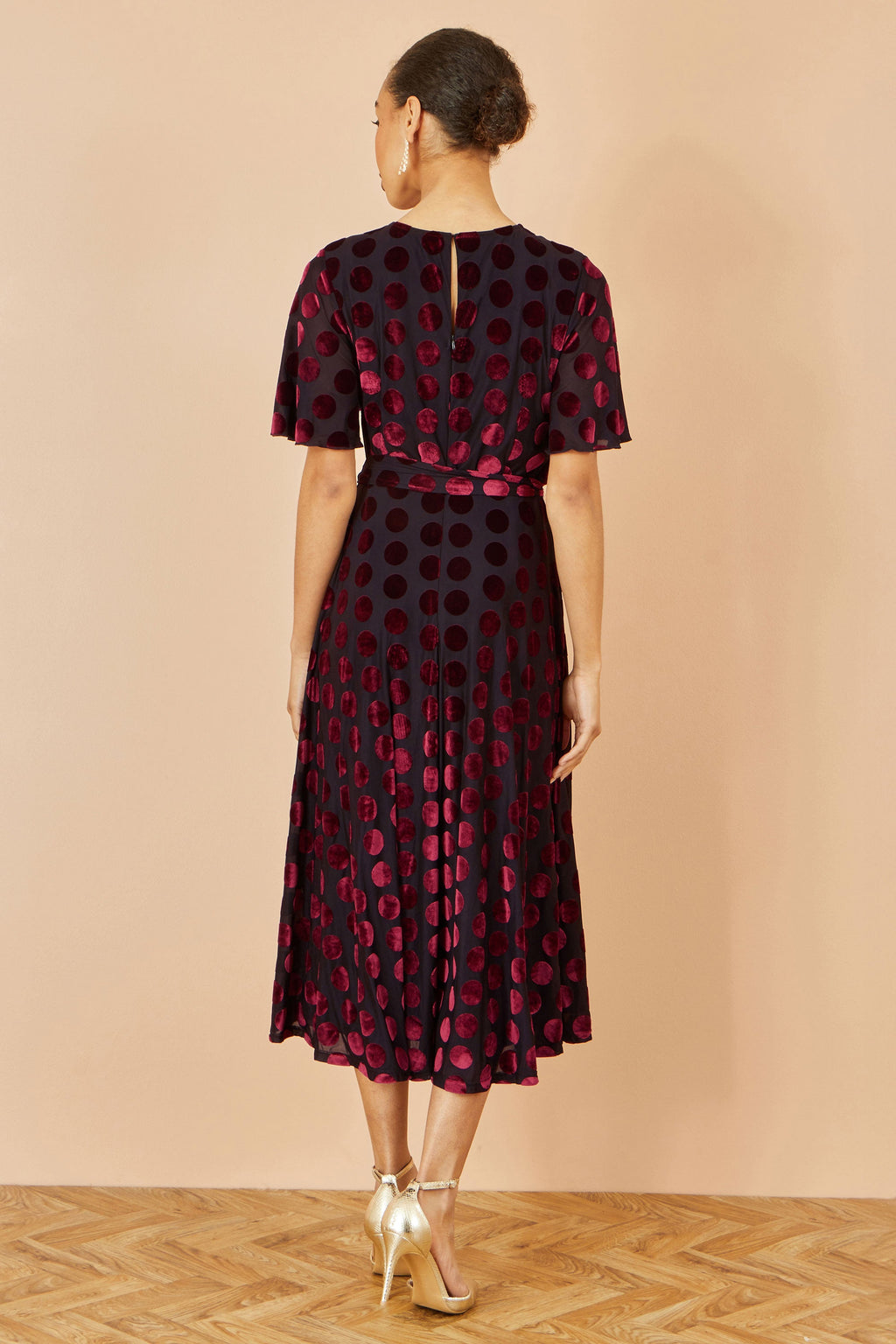 Burgundy Velour Spot Midi Dress - Size 8 to 16