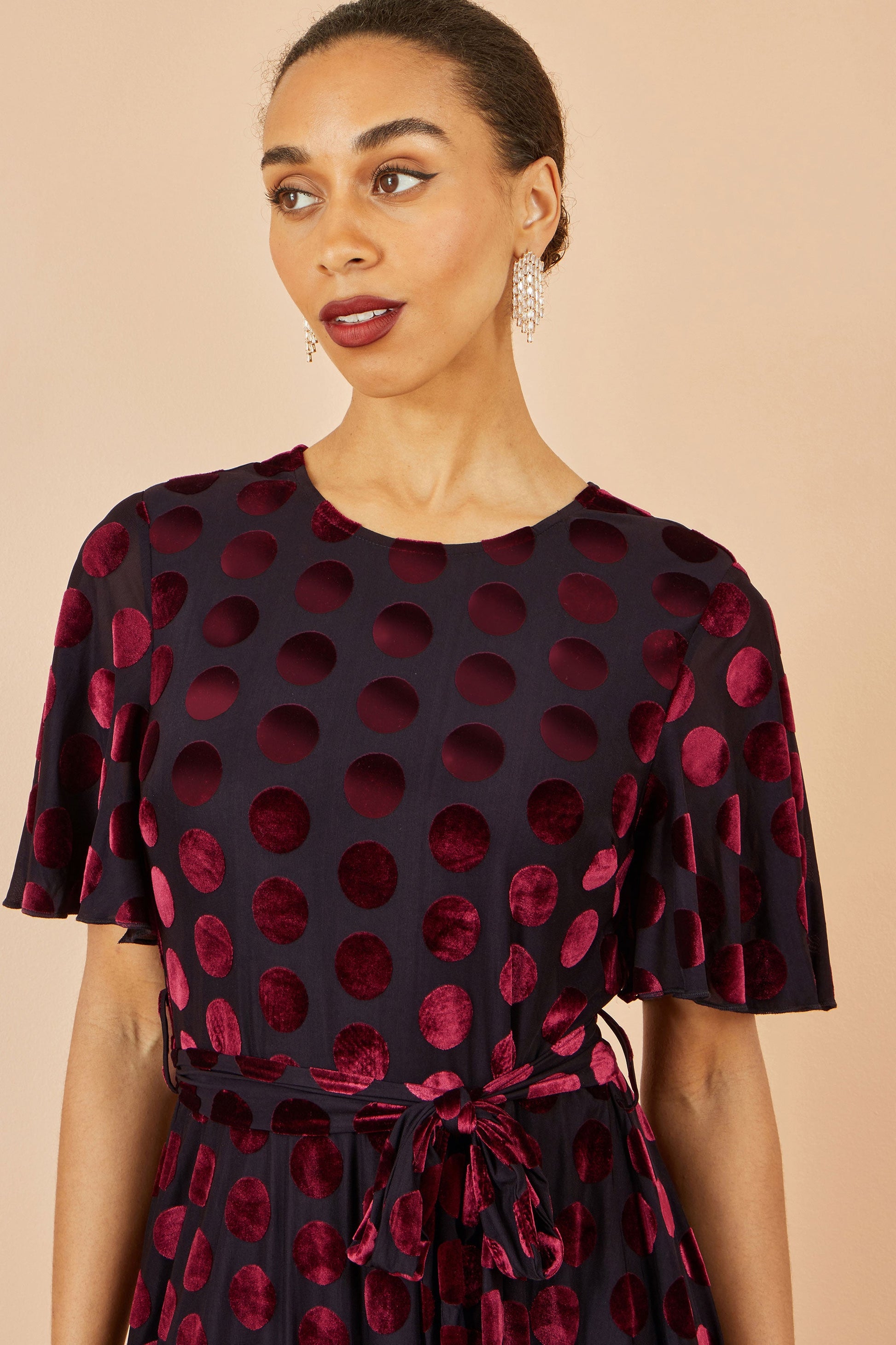 Burgundy Velour Spot Midi Dress - Size 8 to 16