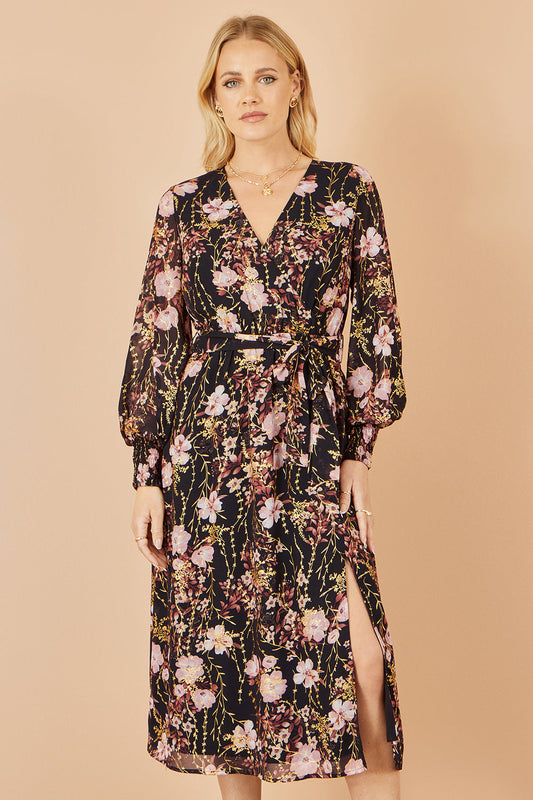 Black Foiled Wrap Midi Dress