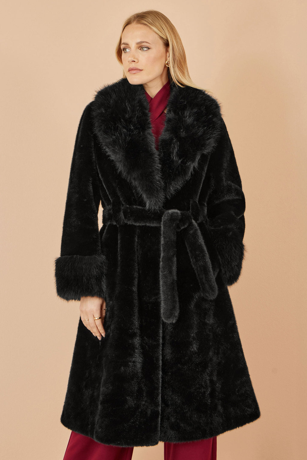 Black Wrap Faux Fur Coat With Oversize Collar