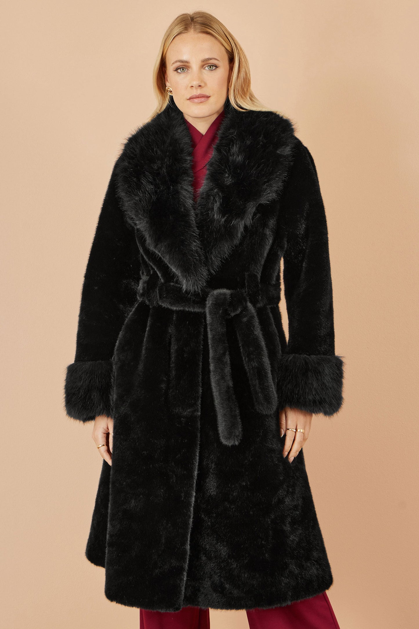 Black Wrap Faux Fur Coat With Oversize Collar