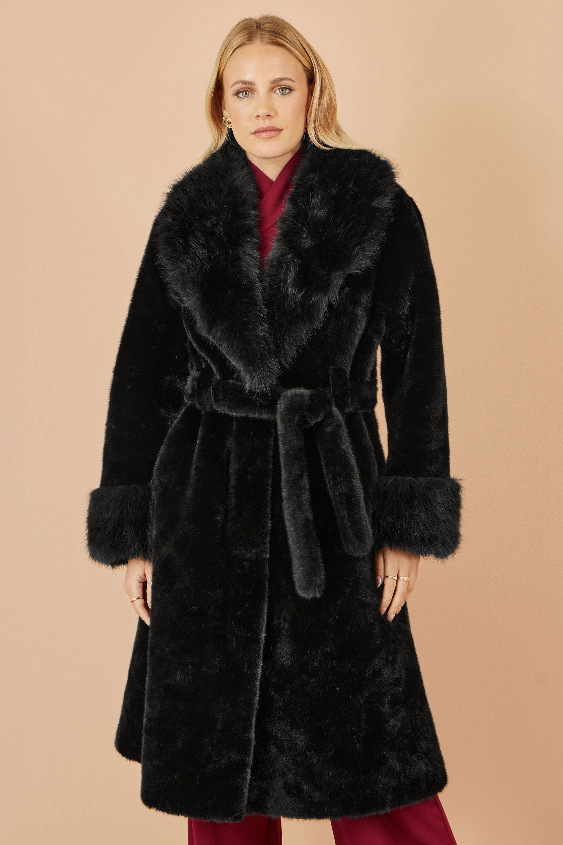 Black Wrap Faux Fur Coat With Oversize Collar
