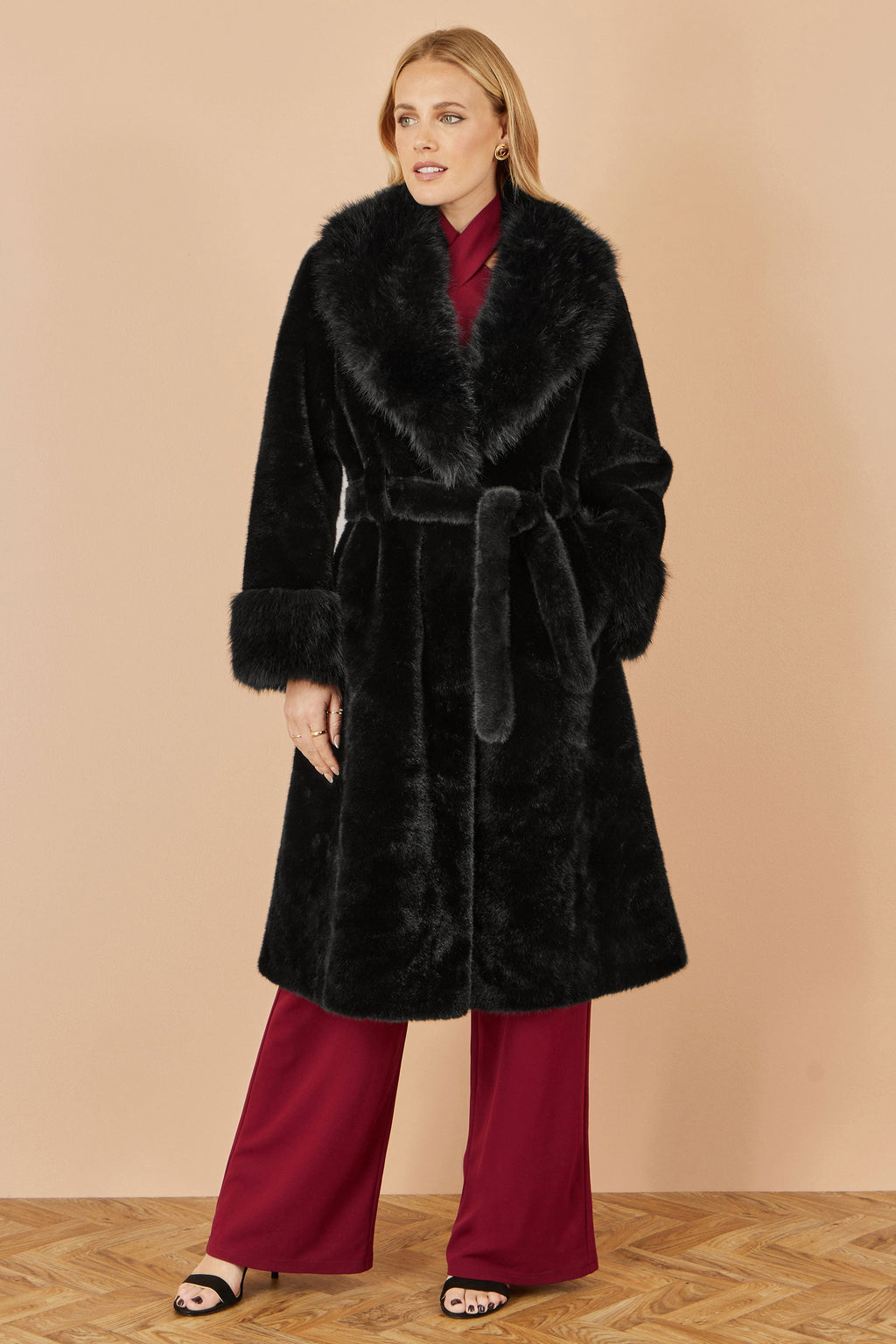 Black Wrap Faux Fur Coat With Oversize Collar