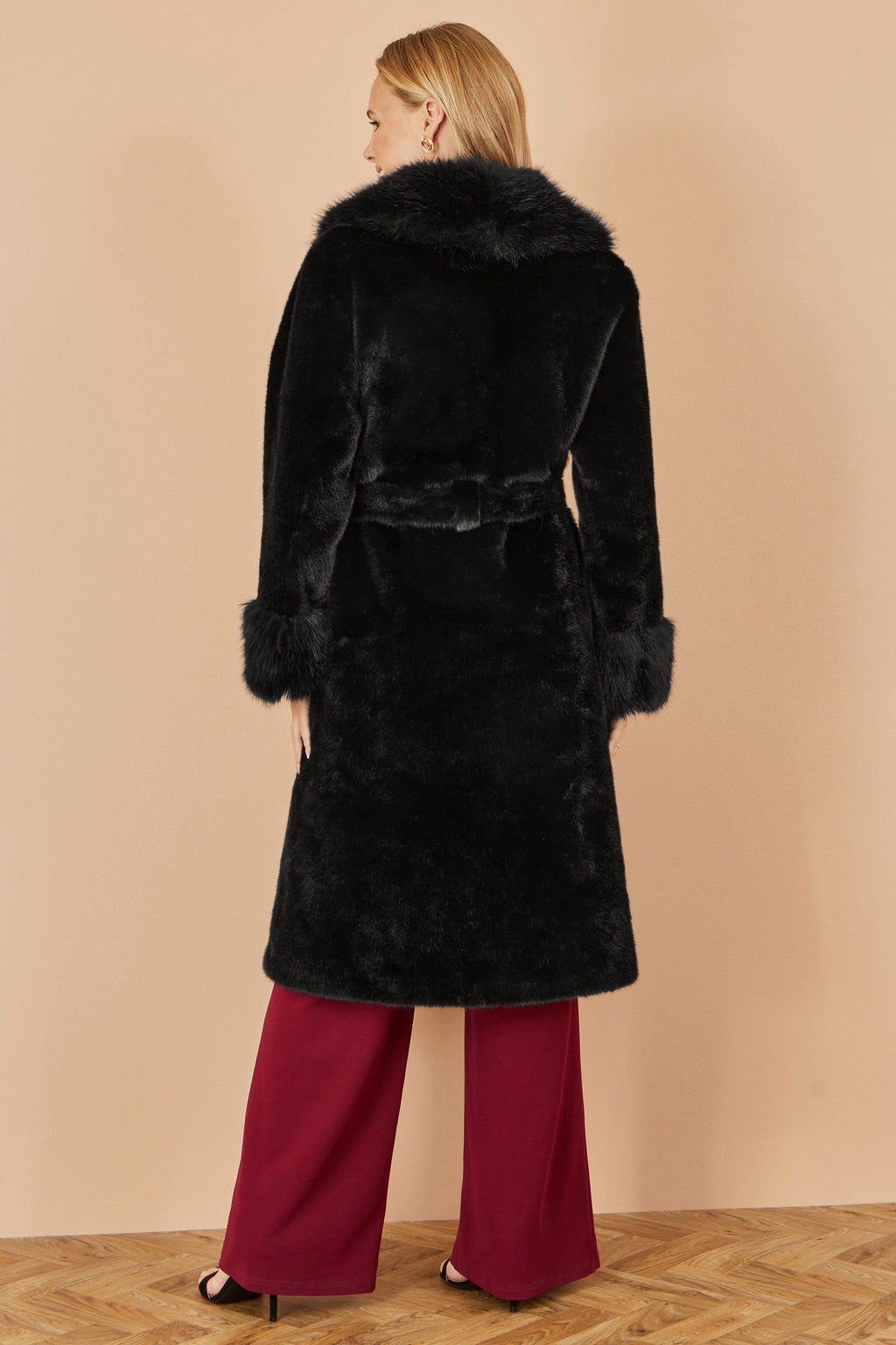 Black Wrap Faux Fur Coat With Oversize Collar