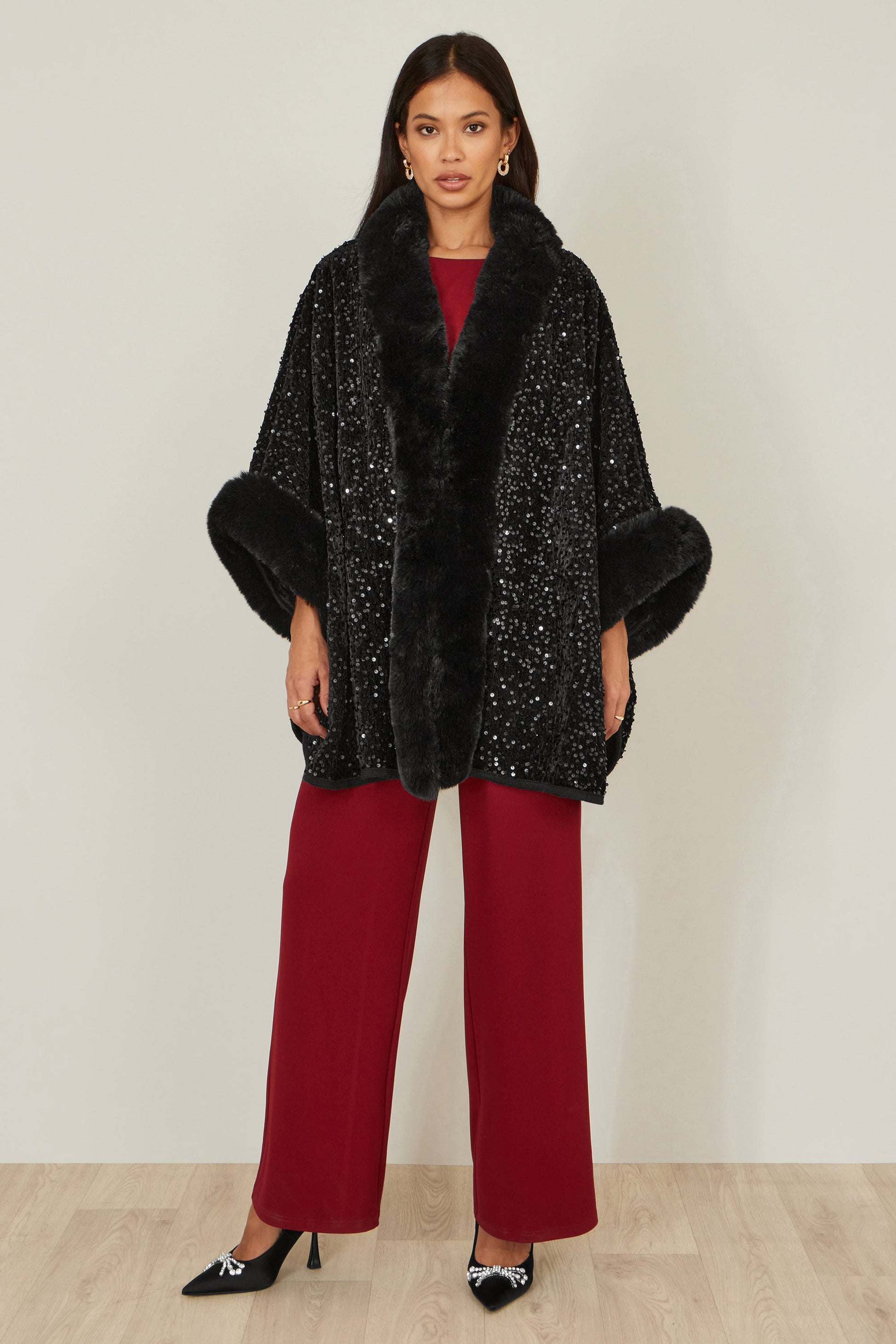 Black Sequin Cape with Faux Fur Trim and Lining