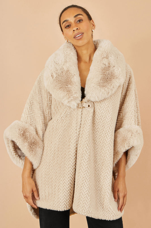 Beige Textured Fur Lined Cape