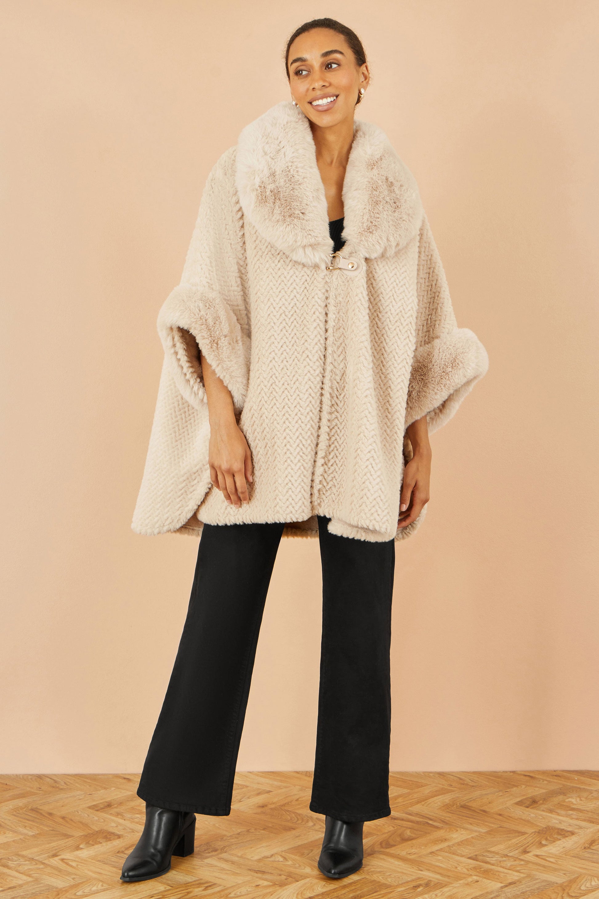 Beige Textured Fur Lined Cape