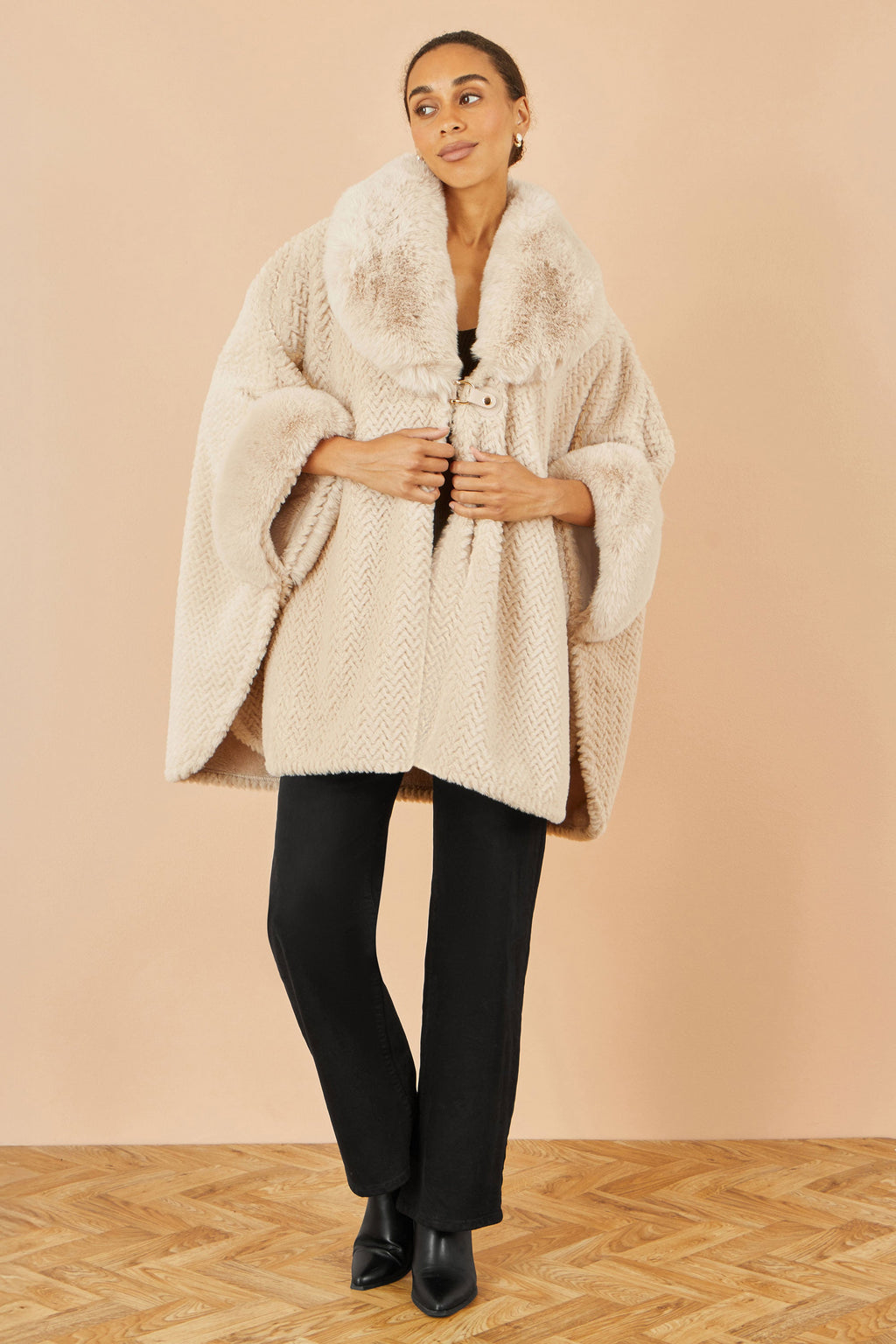 Beige Textured Fur Lined Cape