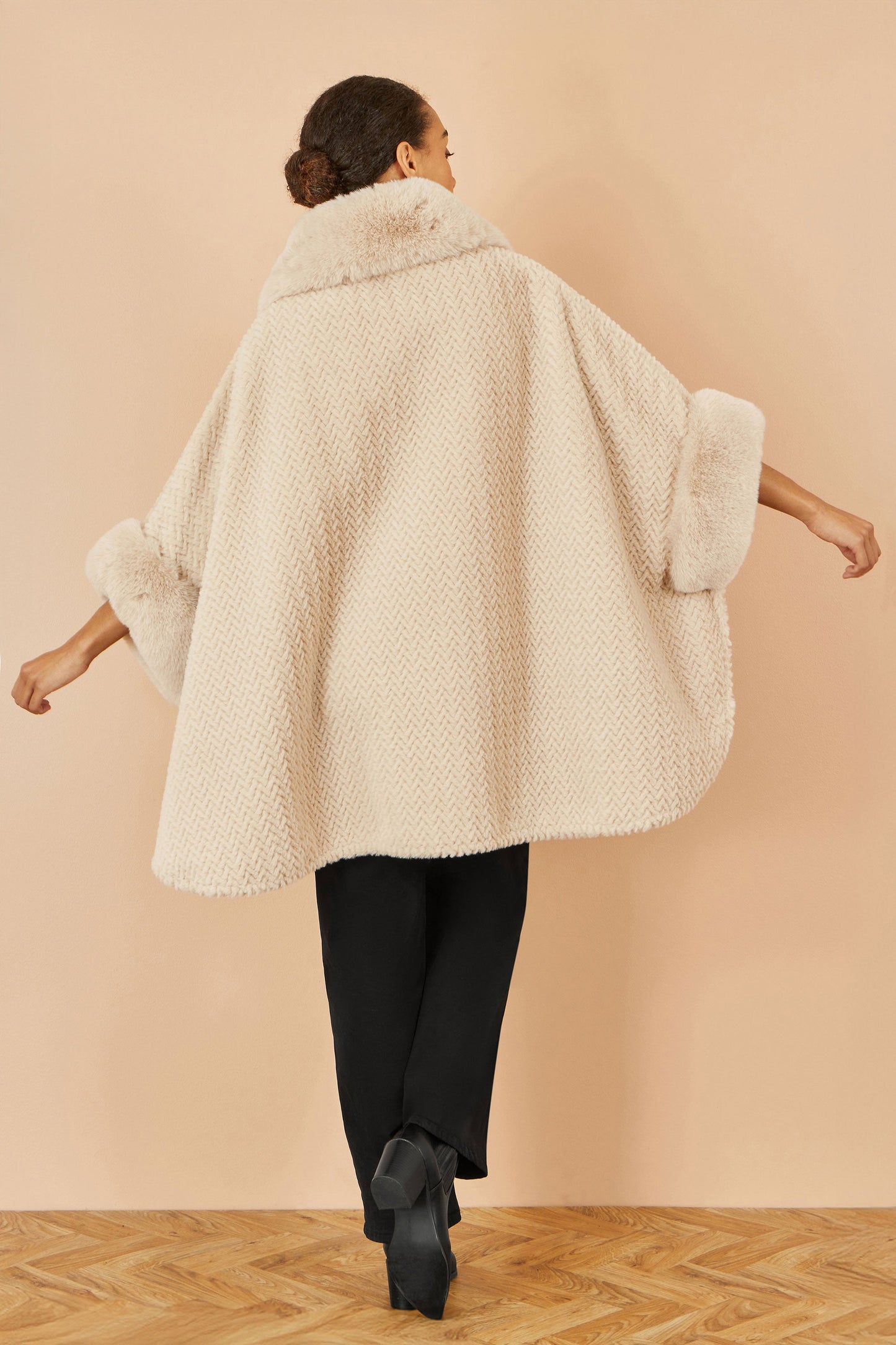 Beige Textured Fur Lined Cape