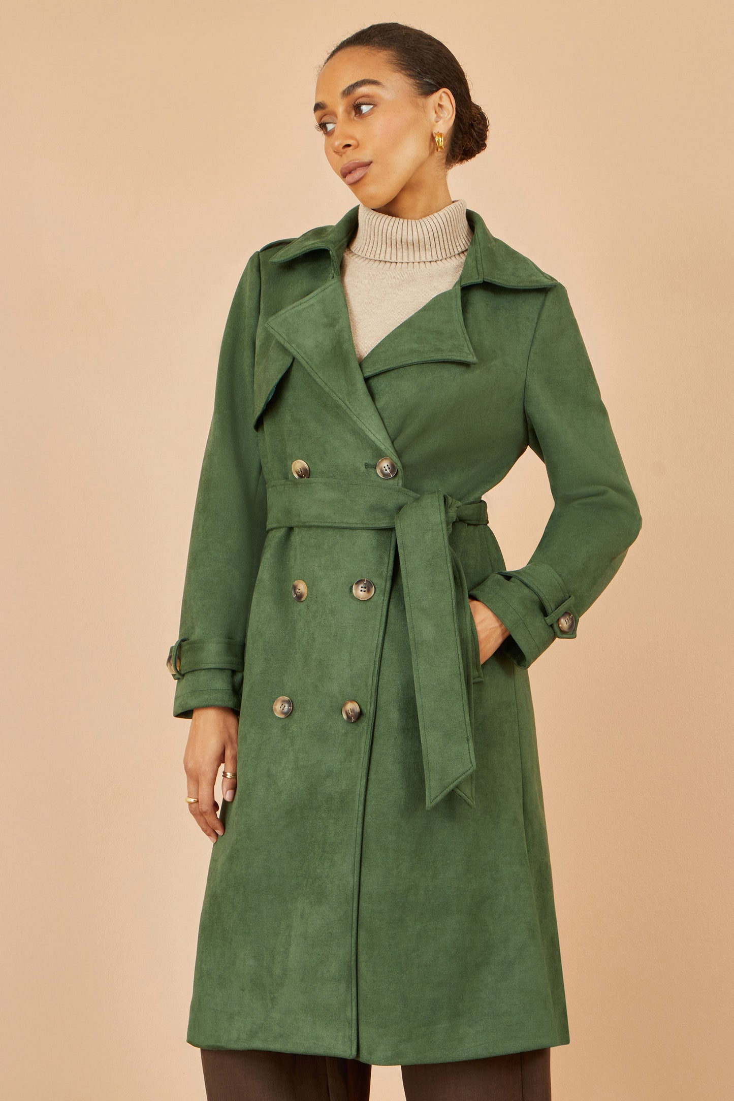 Green Faux Suede Trench Coat - Sizes 8 to 16