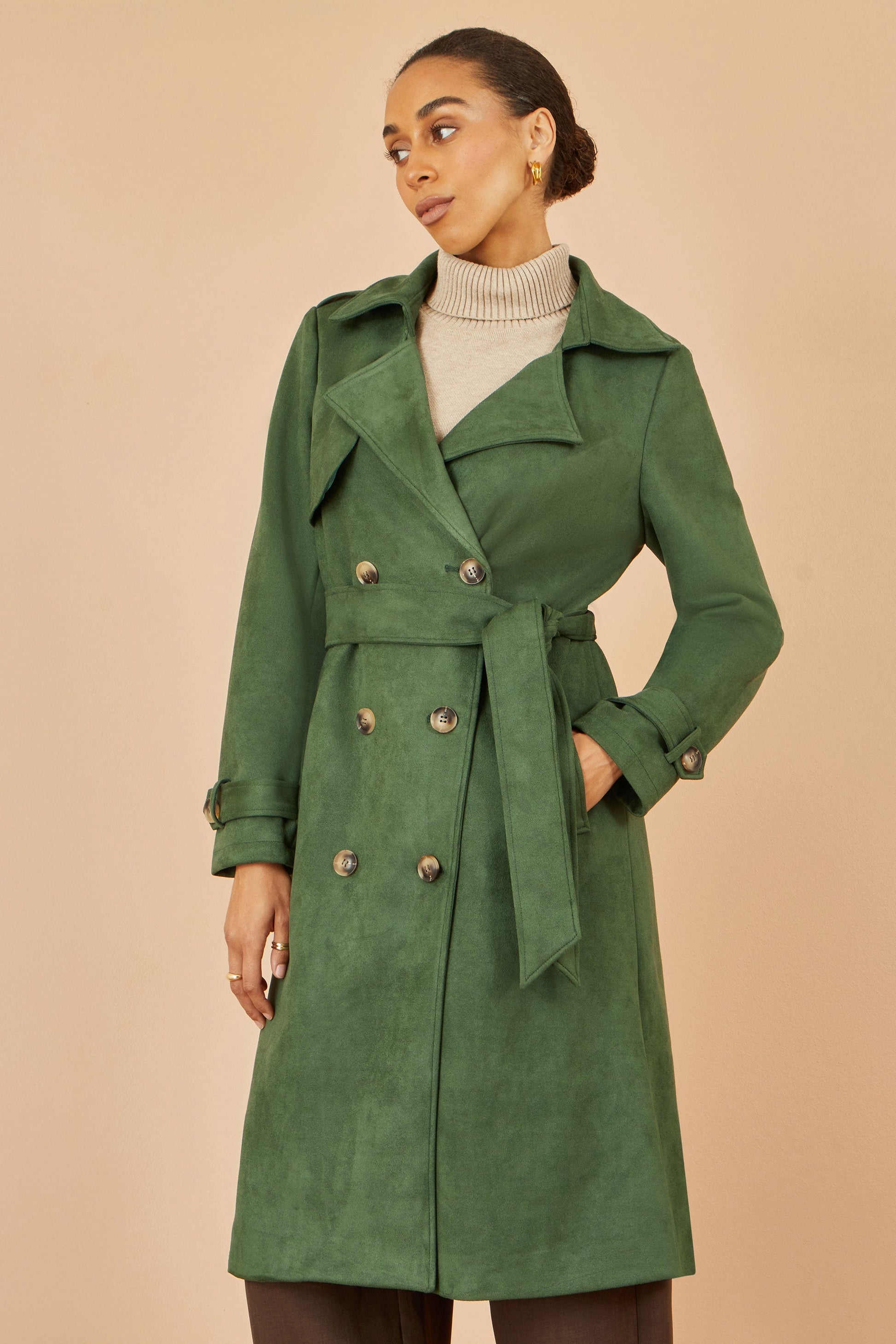 Green Faux Suede Trench Coat - Sizes 8 to 16
