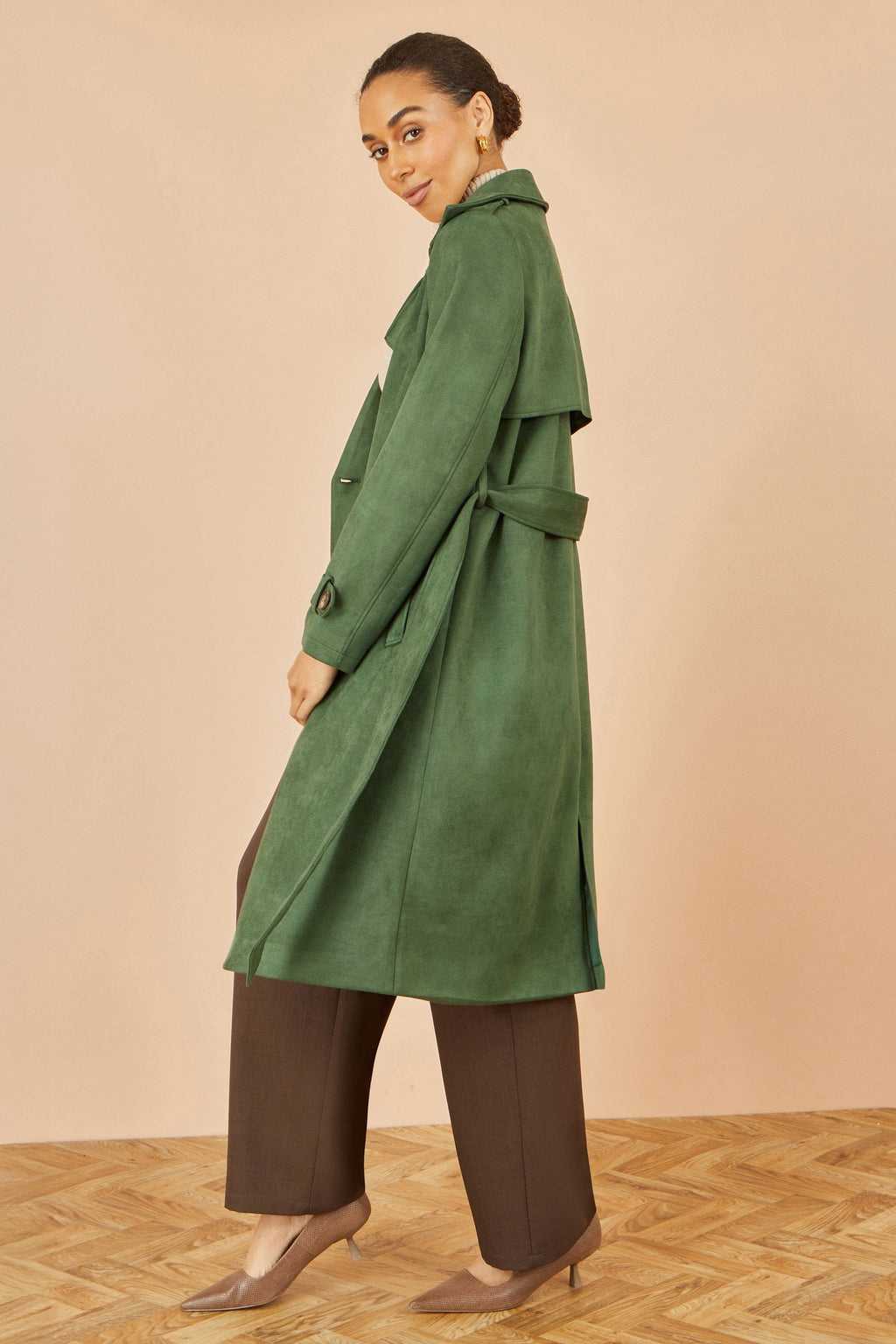 Green Faux Suede Trench Coat - Sizes 8 to 16