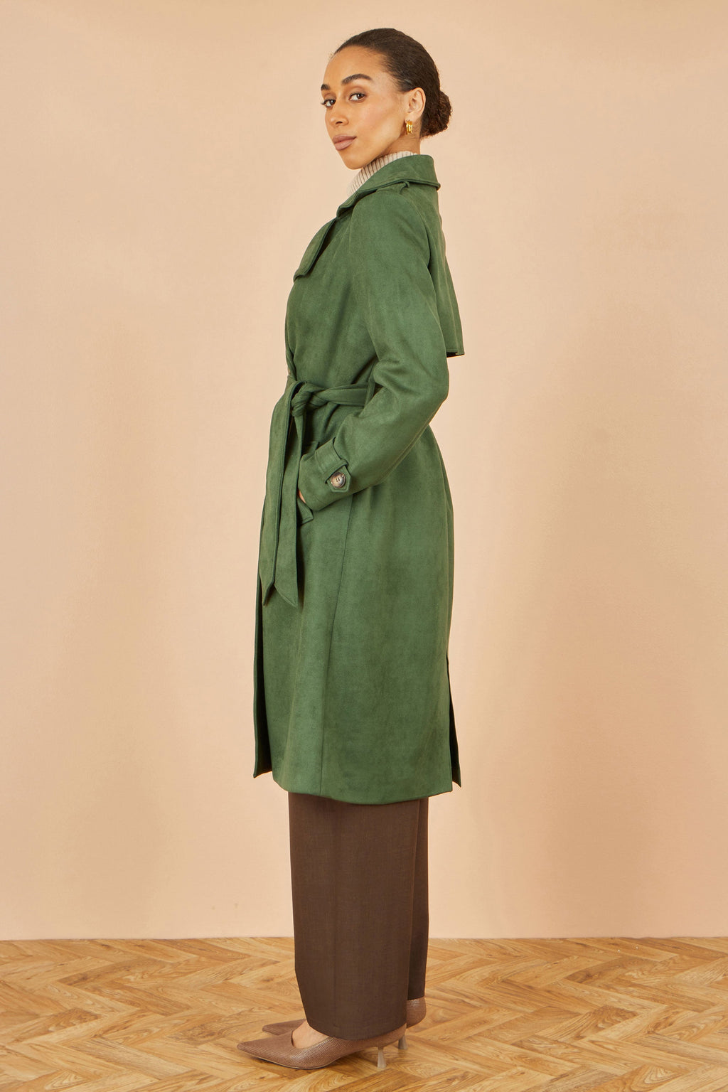 Green Faux Suede Trench Coat - Sizes 8 to 16