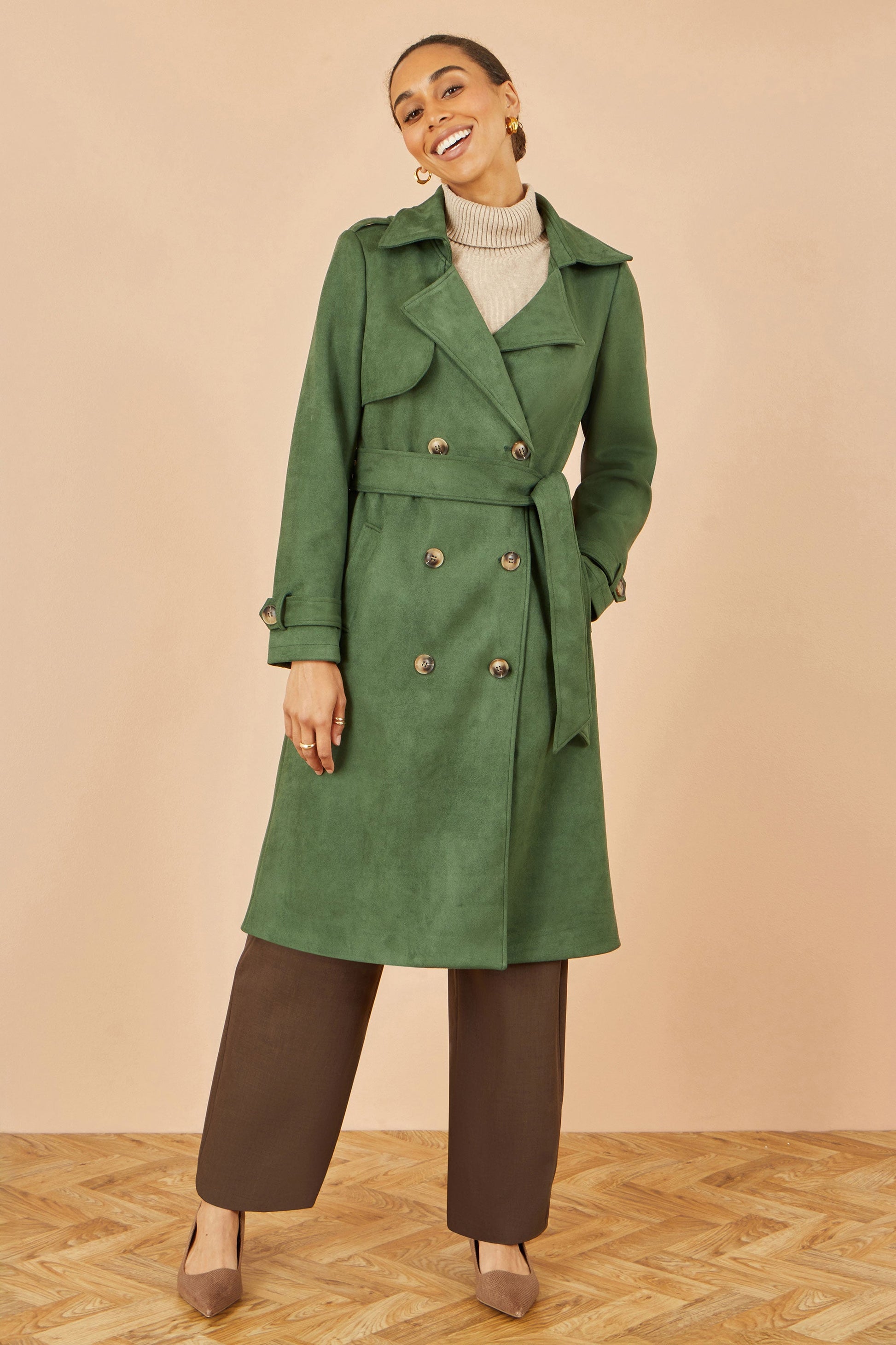 Green Faux Suede Trench Coat - Sizes 8 to 16
