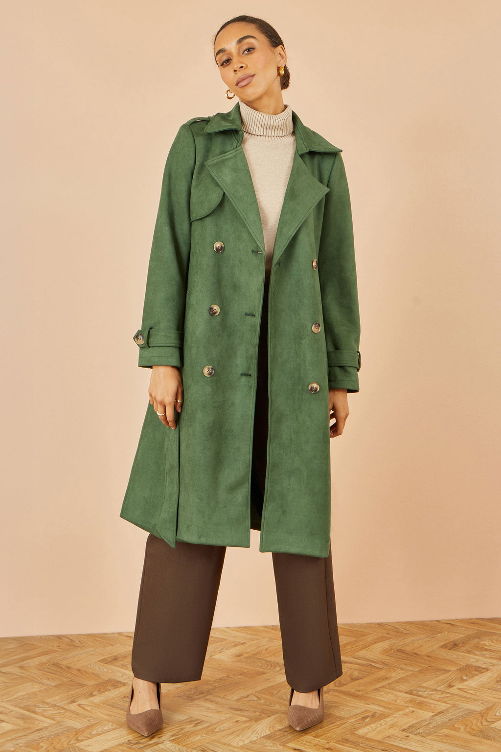 Green Faux Suede Trench Coat - Sizes 8 to 16