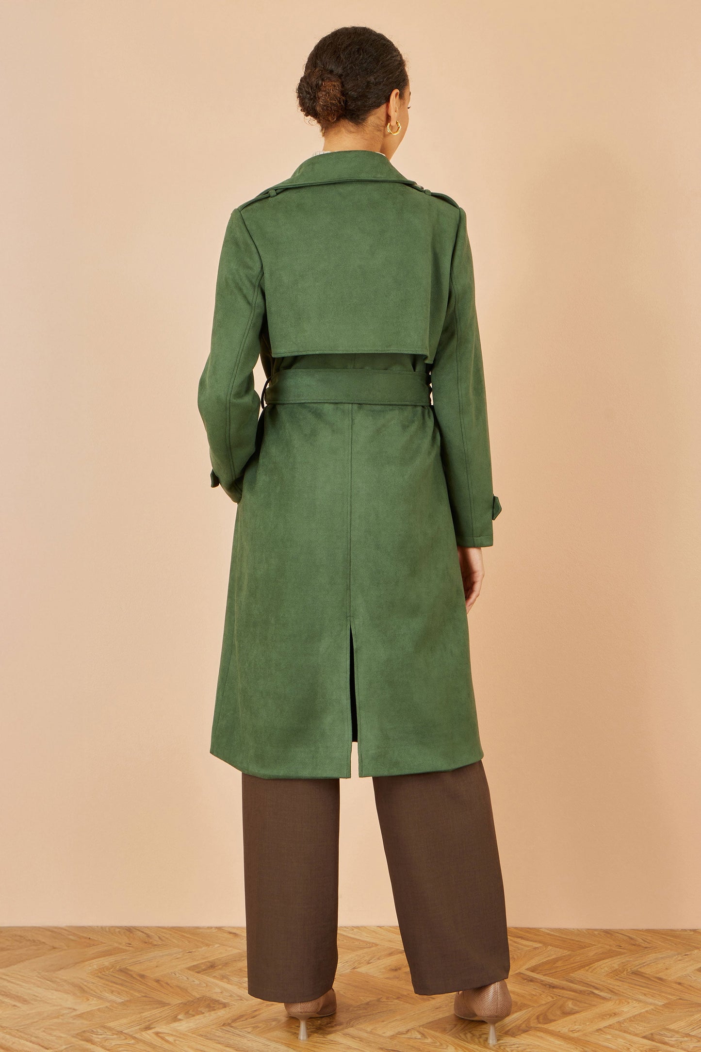Green Faux Suede Trench Coat - Sizes 8 to 16