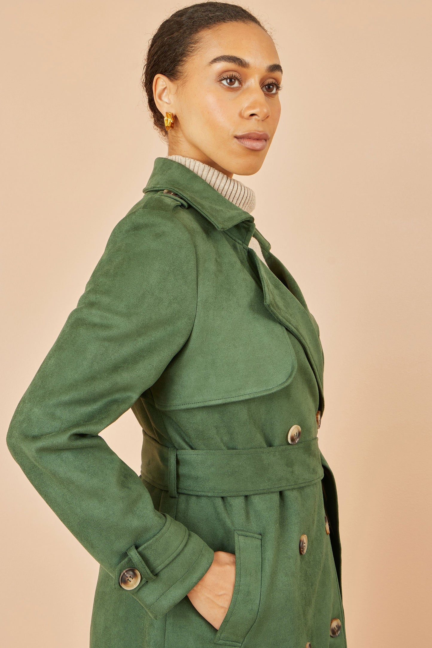 Green Faux Suede Trench Coat - Sizes 8 to 16