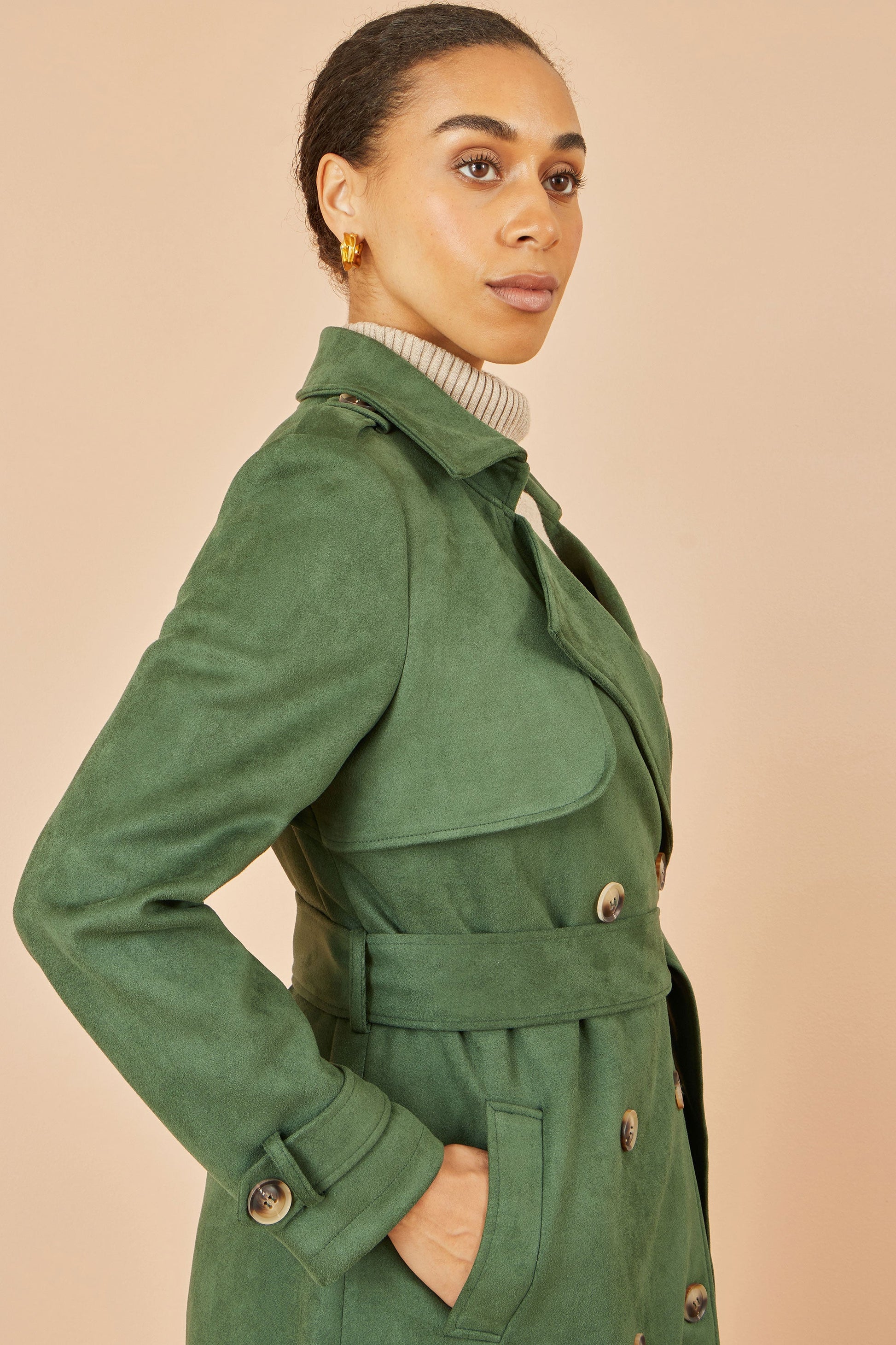 Green Faux Suede Trench Coat - Sizes 8 to 16