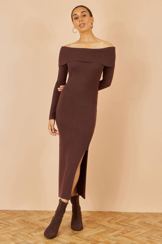 Brown Bardot Knitted Fitted Midi Dress