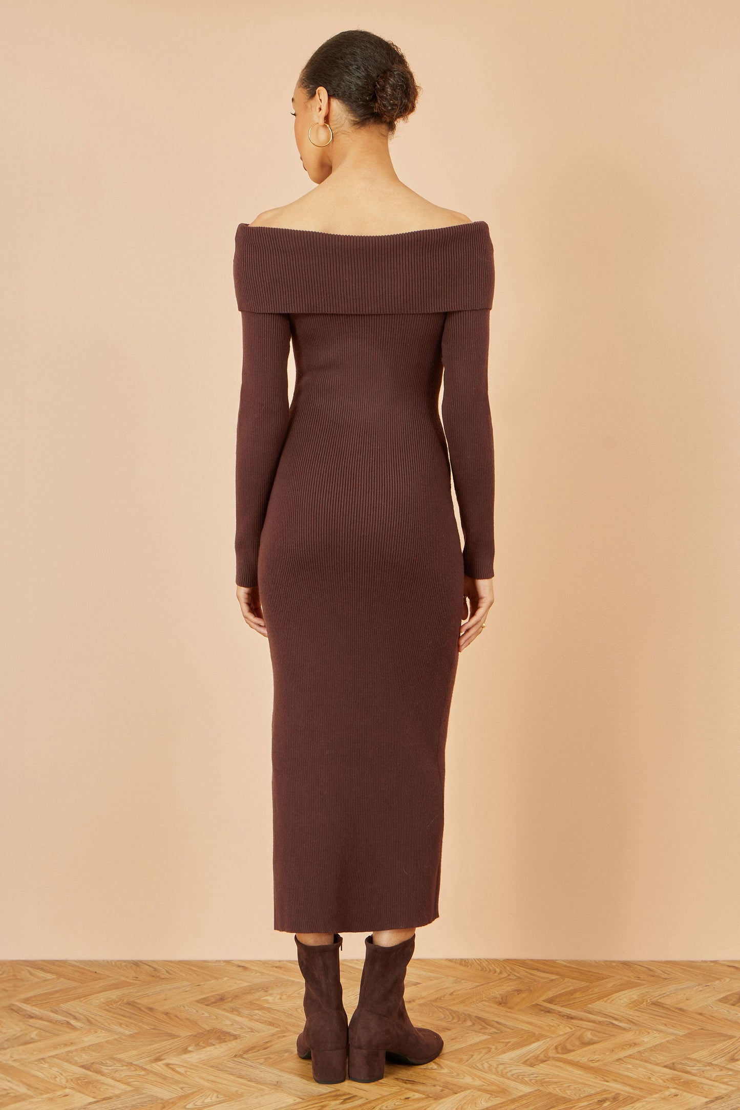 Brown Bardot Knitted Fitted Midi Dress