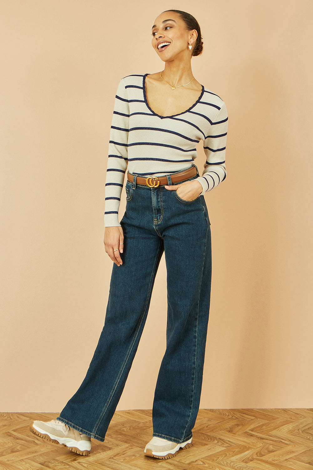 White Metallic Stripe Knitted Ribbed Top