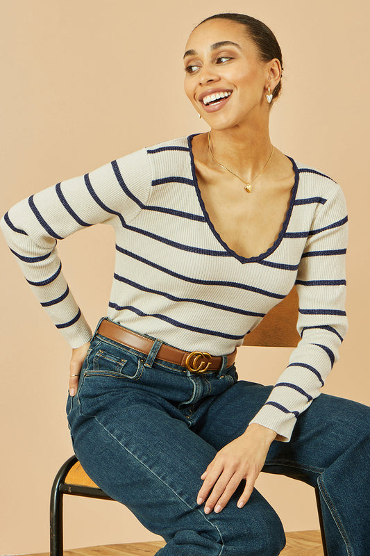 White Metallic Stripe Knitted Ribbed Top