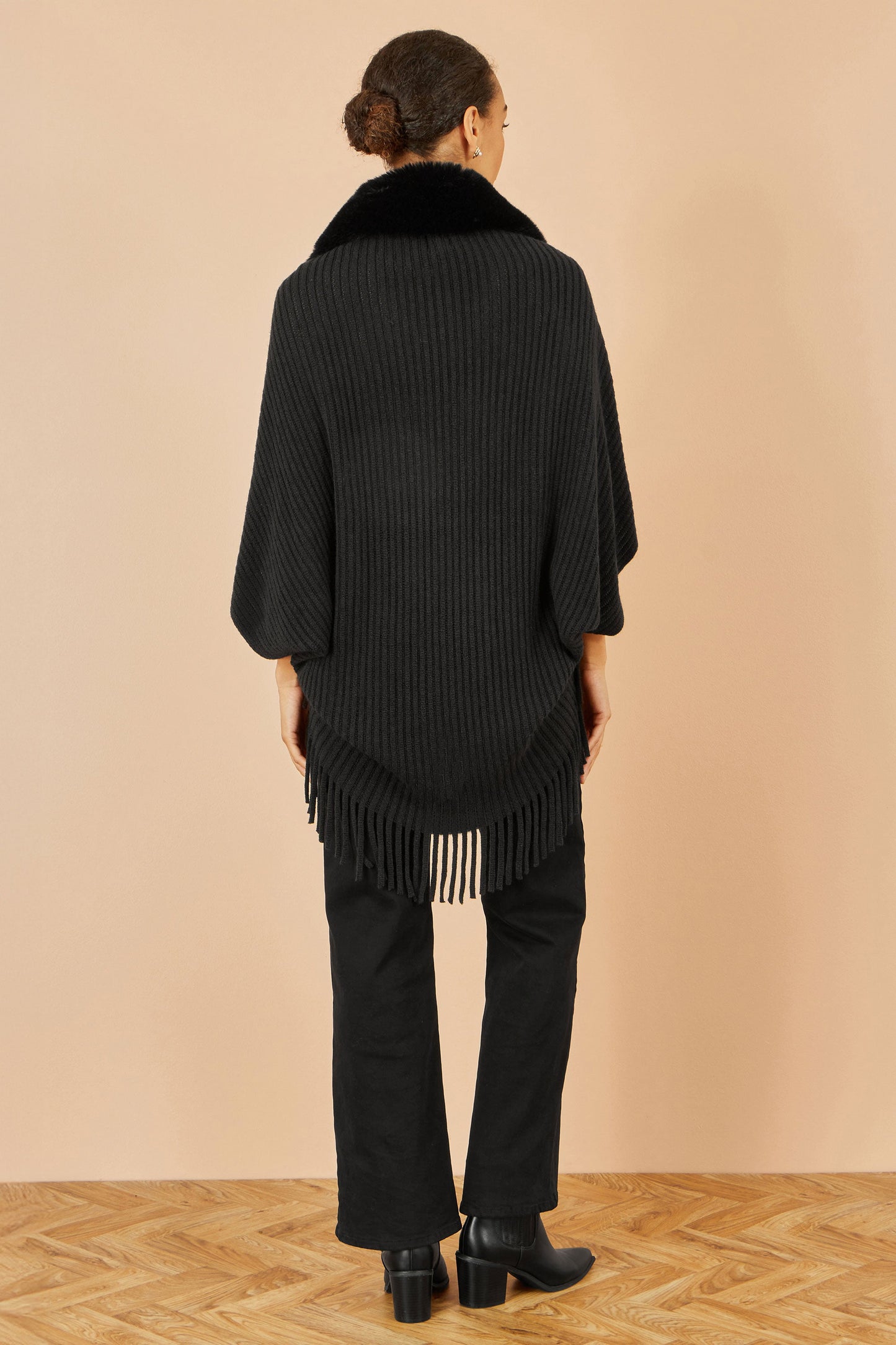Black Fur Collar Shrug With Tassel Hem