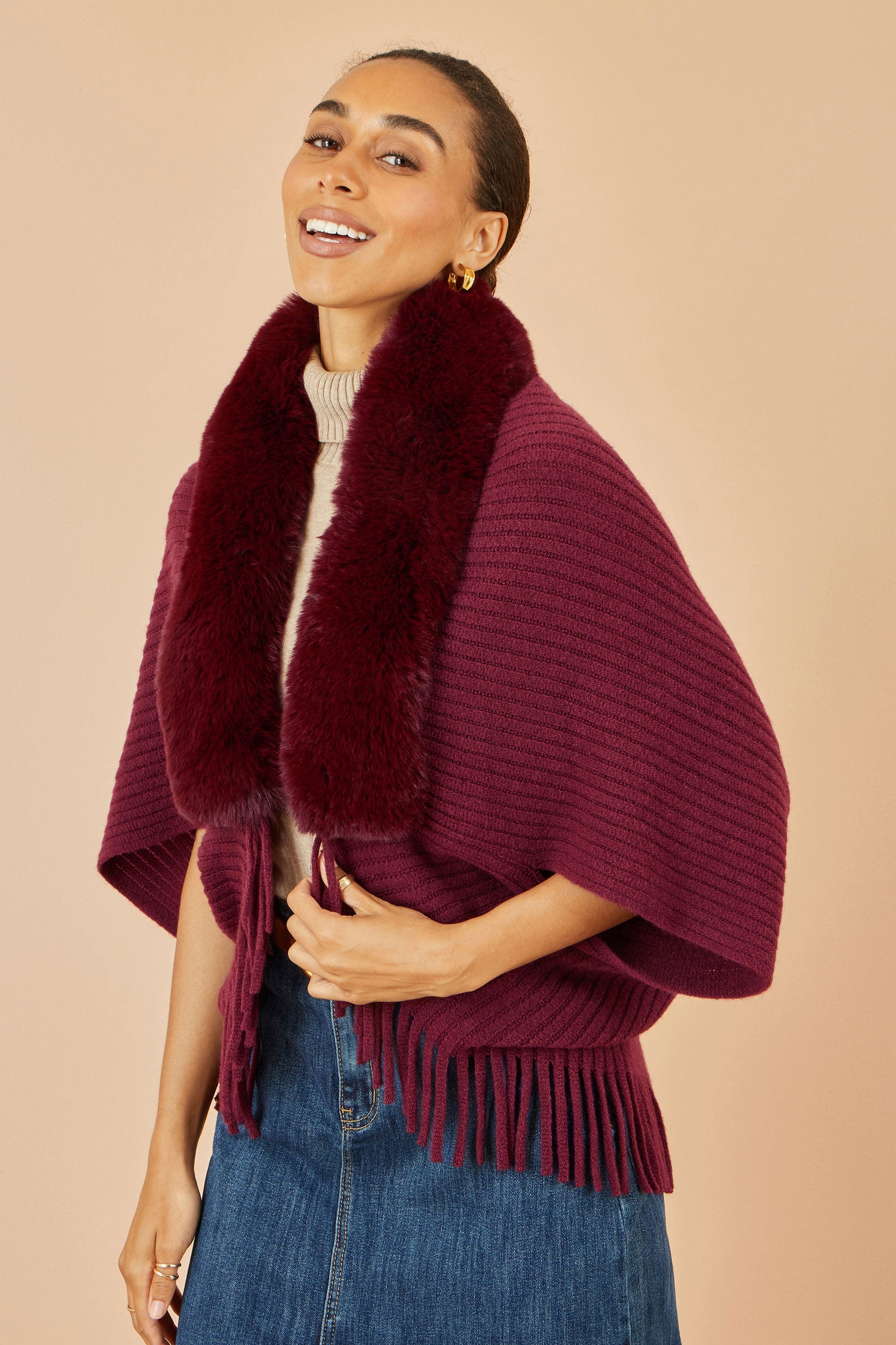 Burgundy Fur Collar Shrug With Tassel Hem