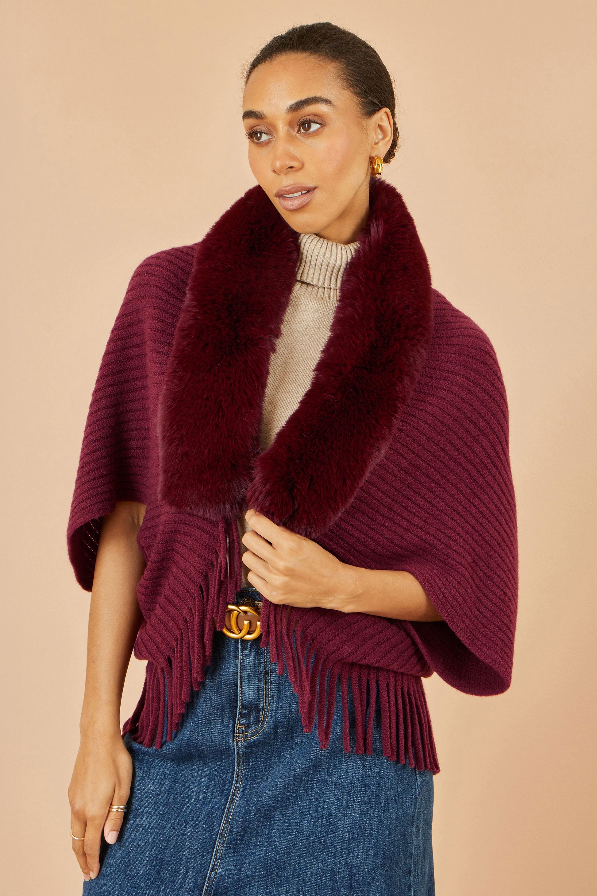 Burgundy Fur Collar Shrug With Tassel Hem