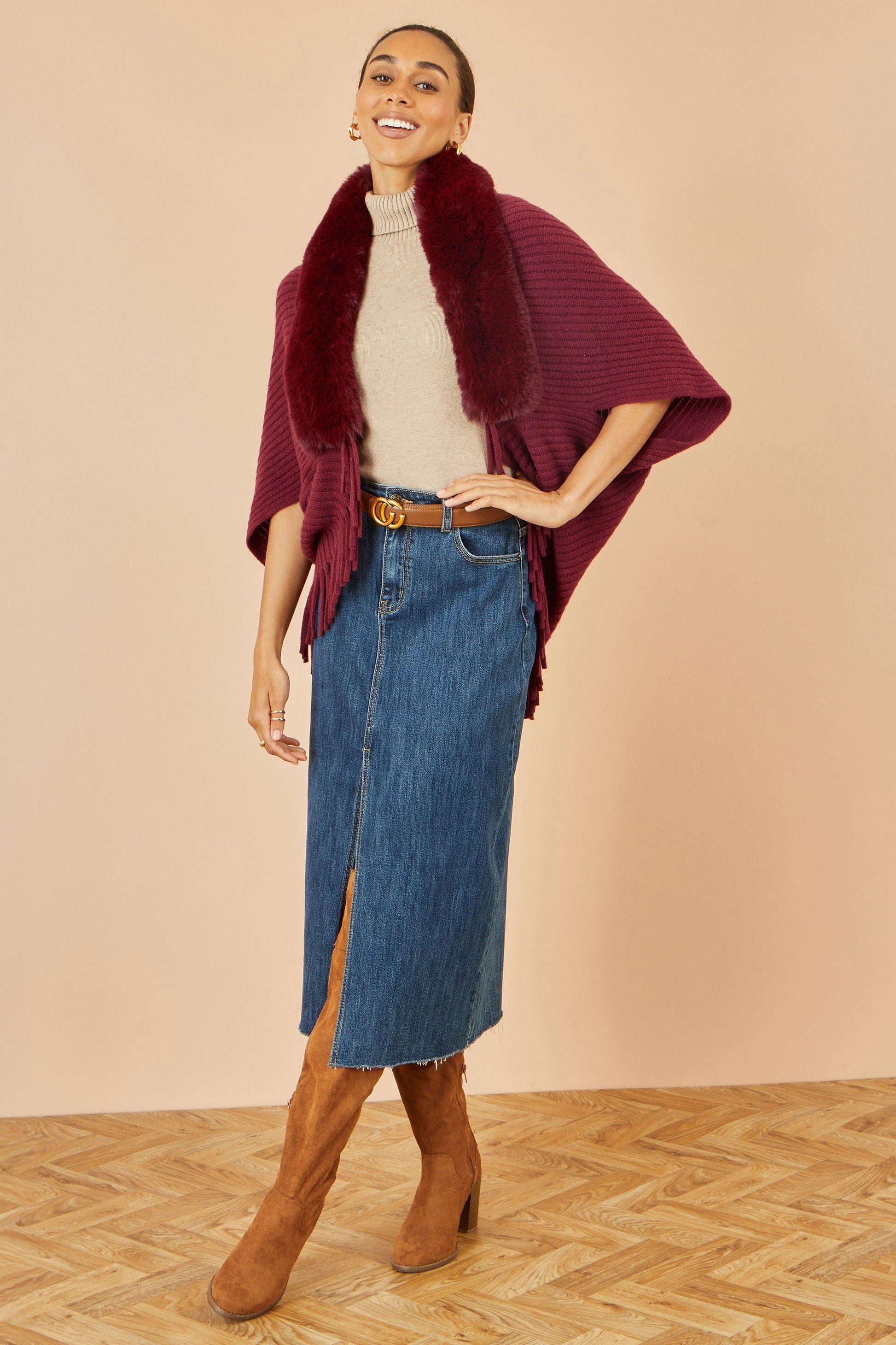 Burgundy Fur Collar Shrug With Tassel Hem