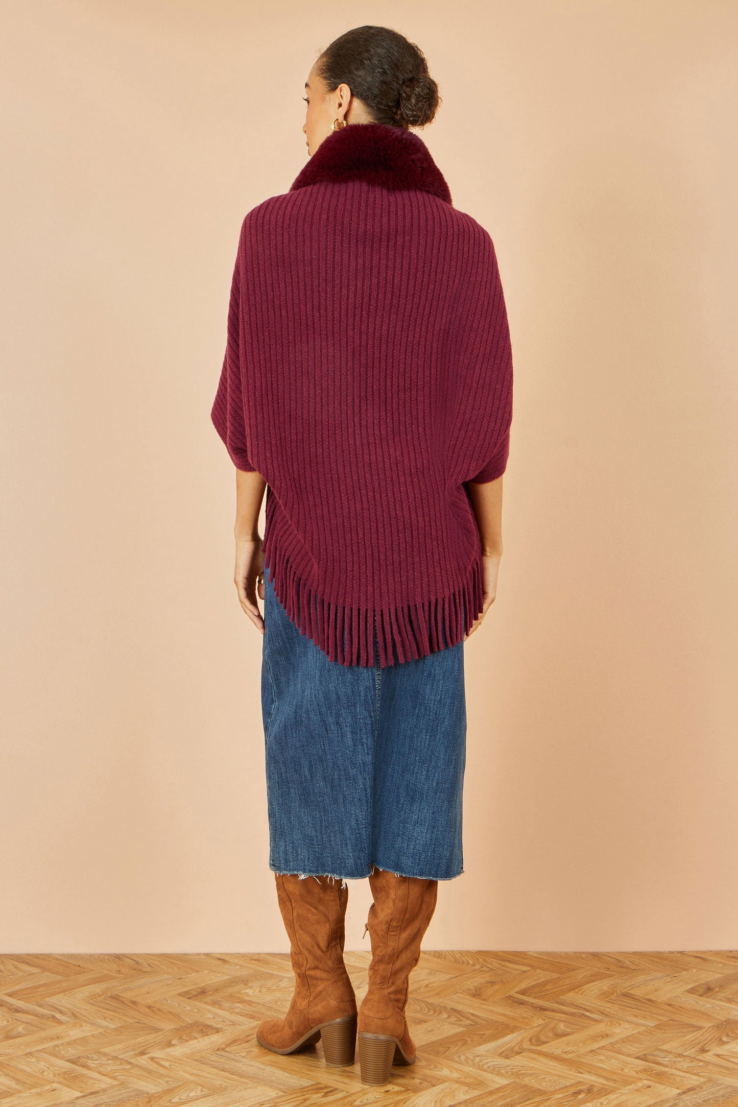 Burgundy Fur Collar Shrug With Tassel Hem