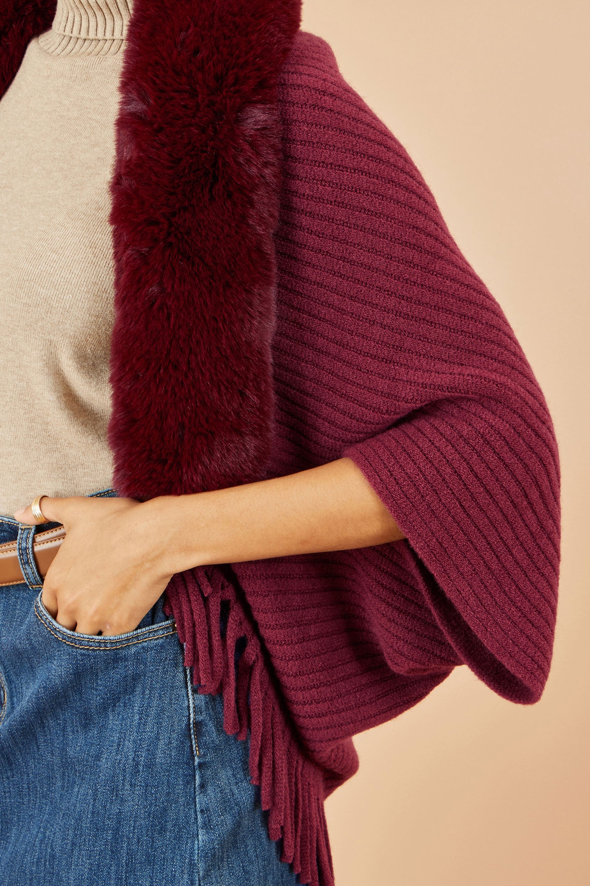 Burgundy Fur Collar Shrug With Tassel Hem
