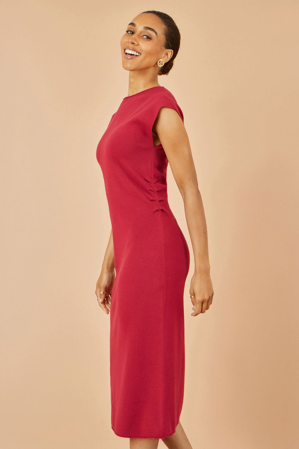 Red Knitted Ruched Midi Dress