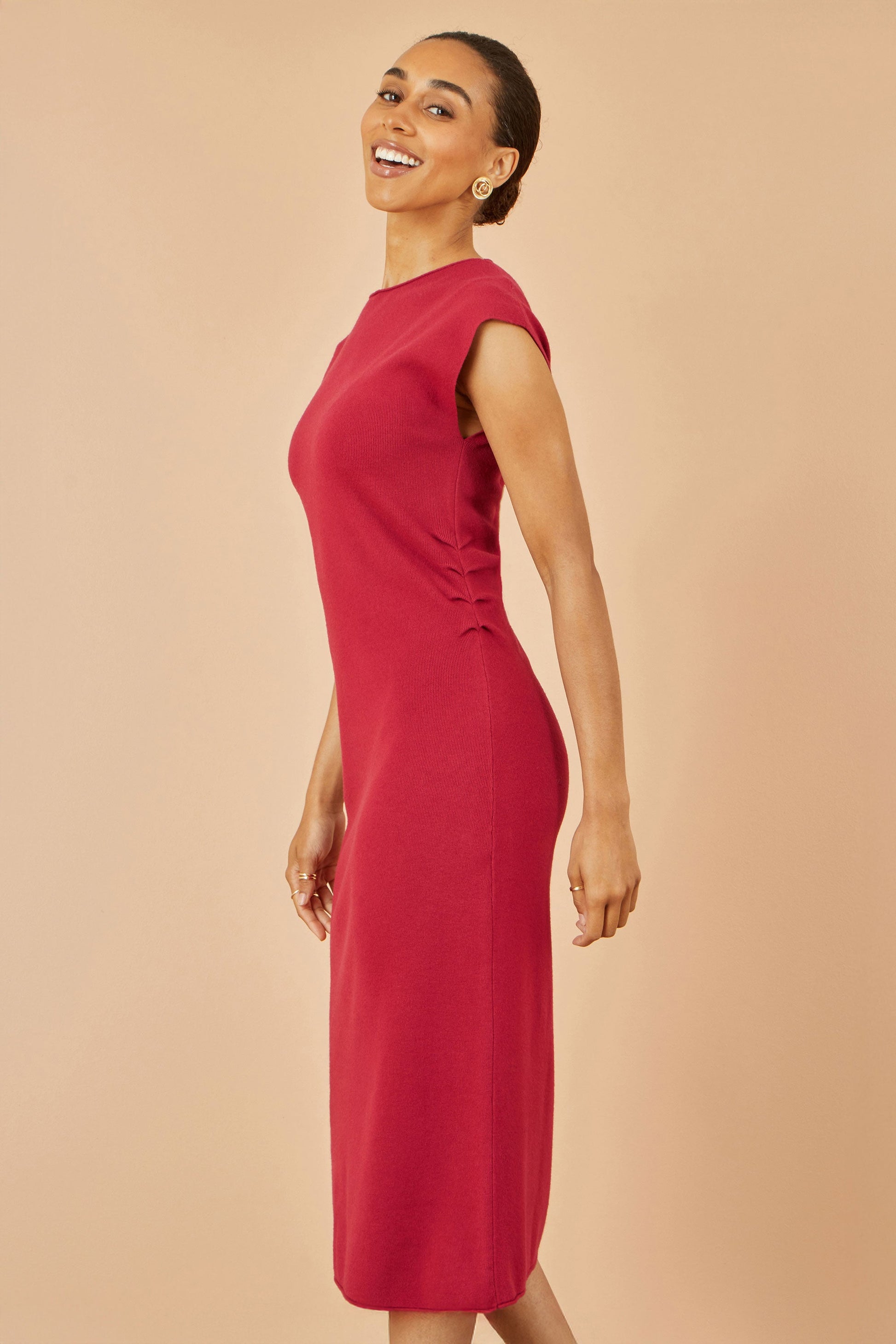 Red Knitted Ruched Midi Dress