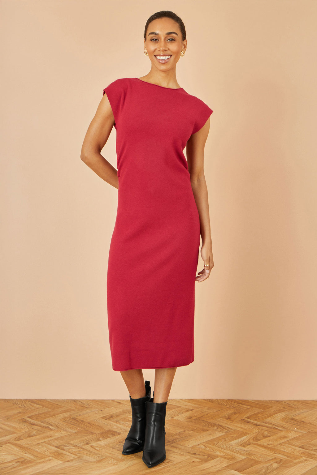 Red Knitted Ruched Midi Dress