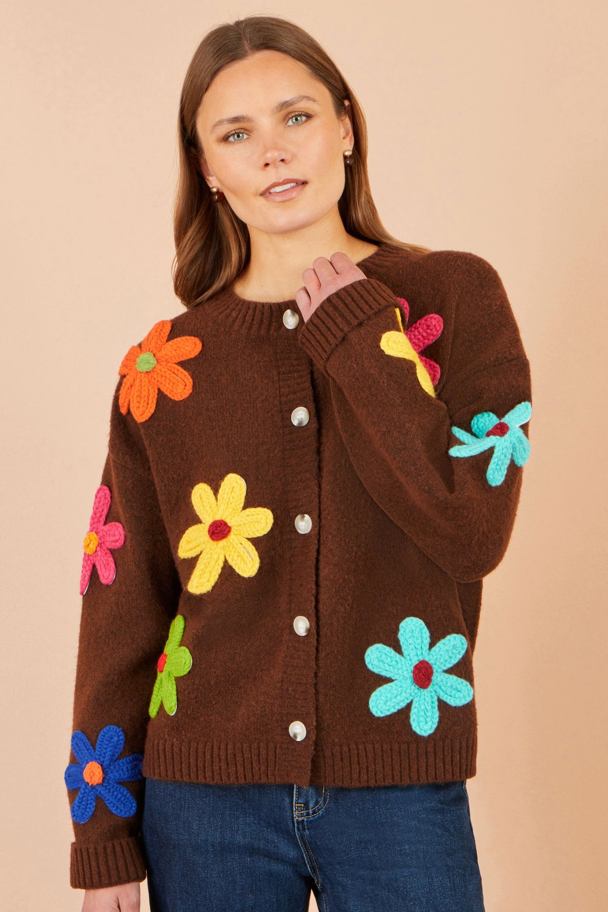Brown Flower Appliqué Cardigan