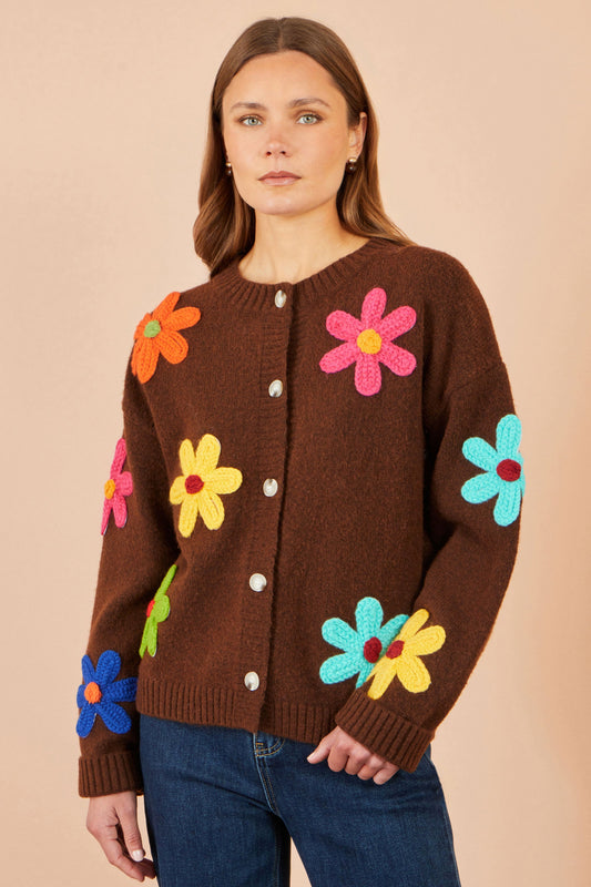 Brown Flower Appliqué Cardigan