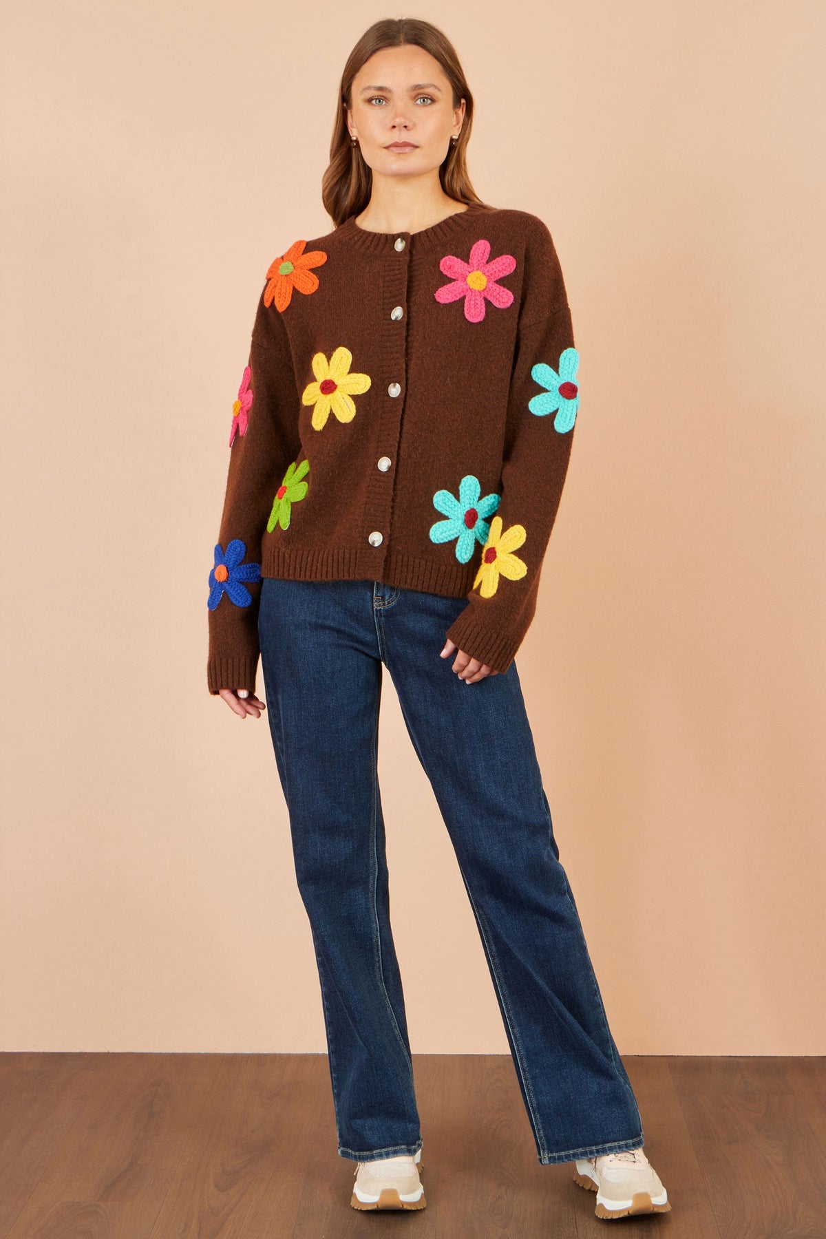 Brown Flower Appliqué Cardigan