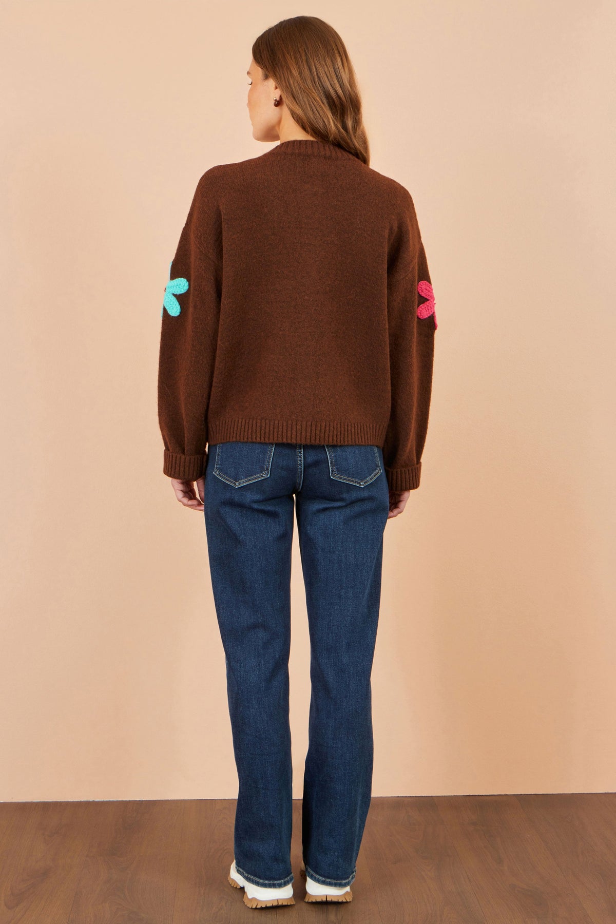 Brown Flower Appliqué Cardigan