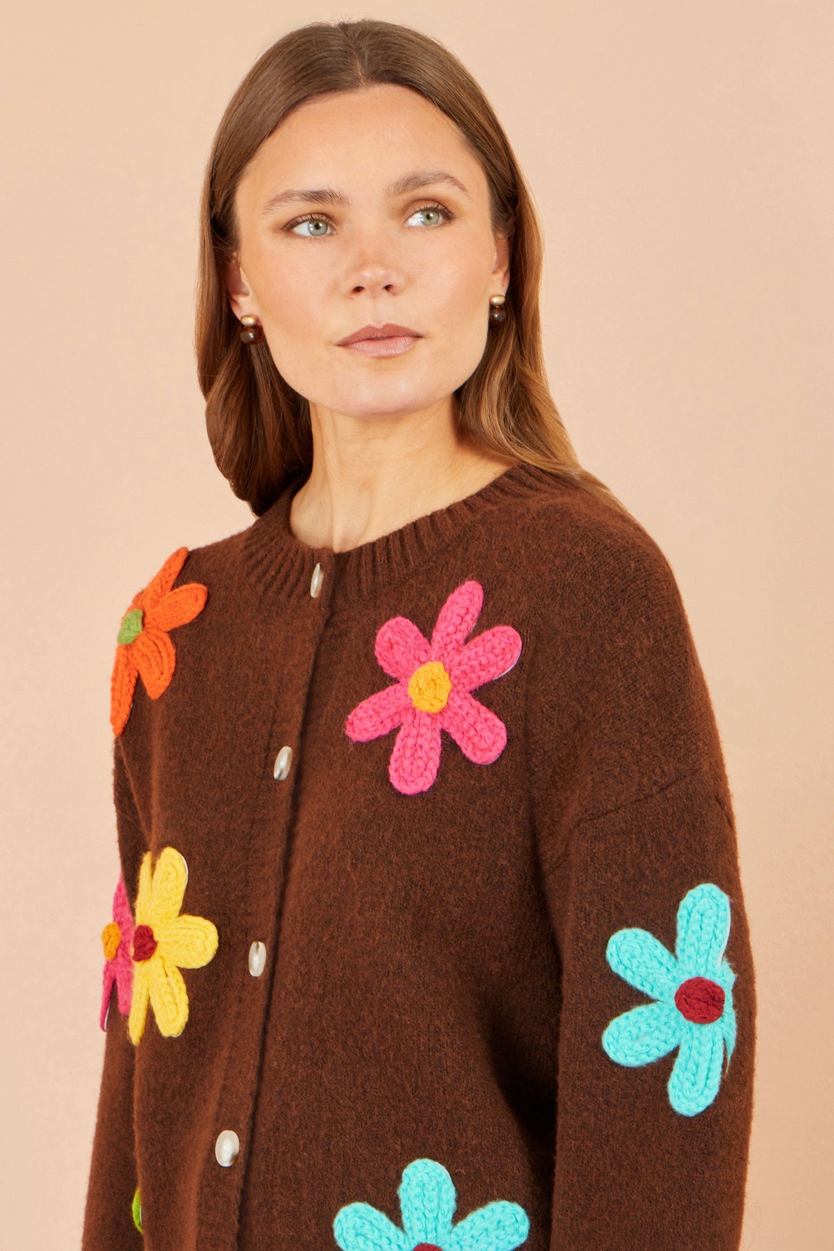 Brown Flower Appliqué Cardigan