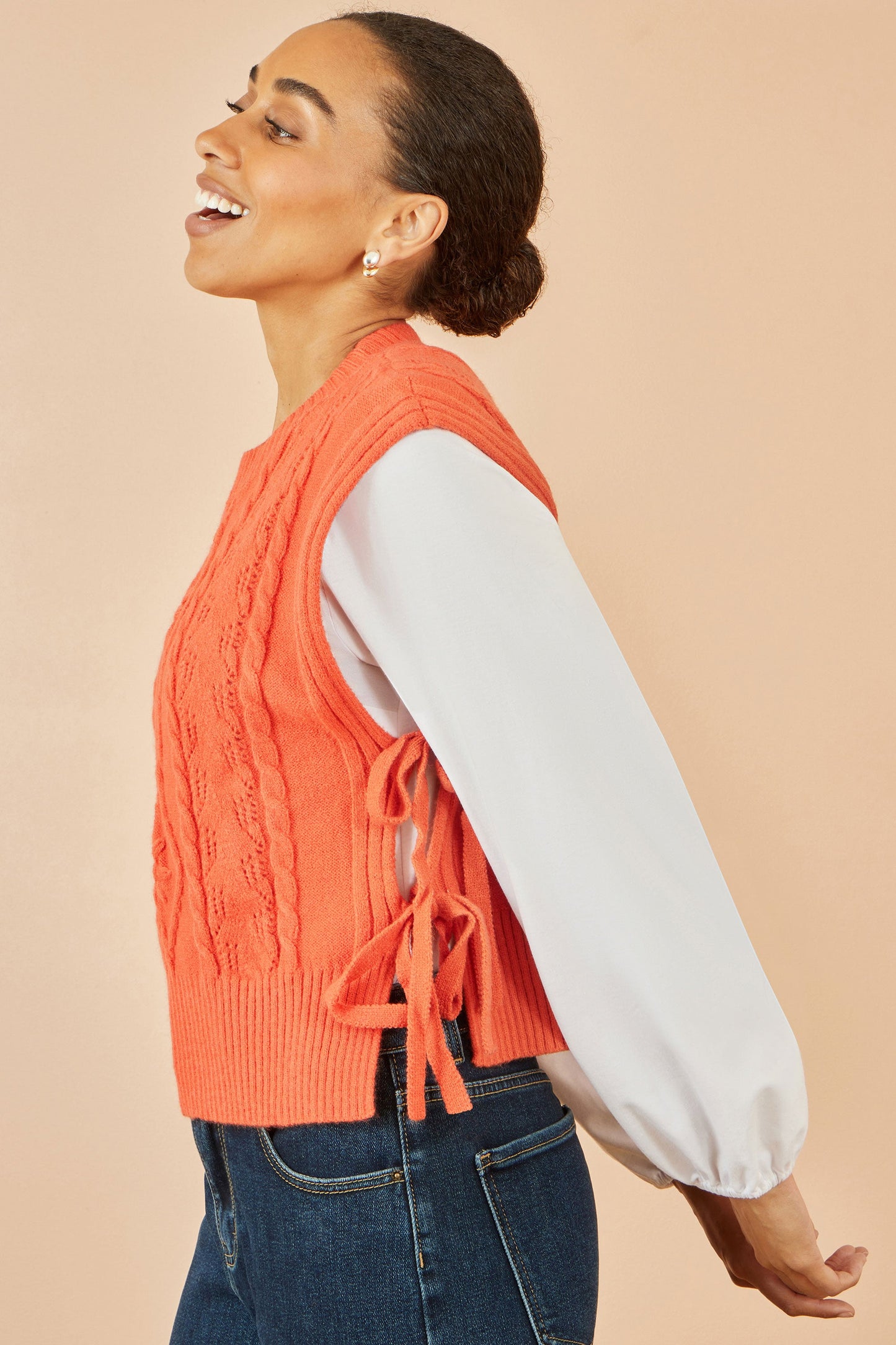Orange Flower Cable Knit Tie Side Pullover