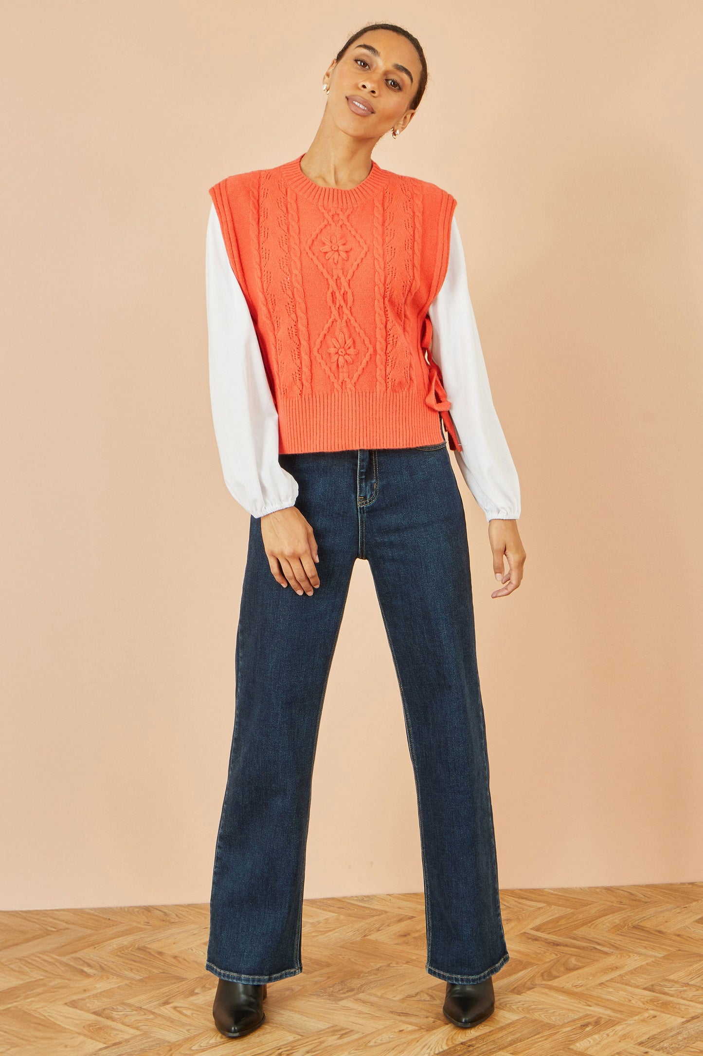 Orange Flower Cable Knit Tie Side Pullover
