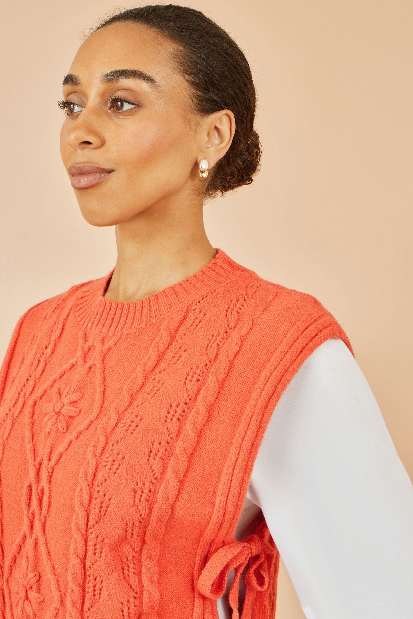 Orange Flower Cable Knit Tie Side Pullover