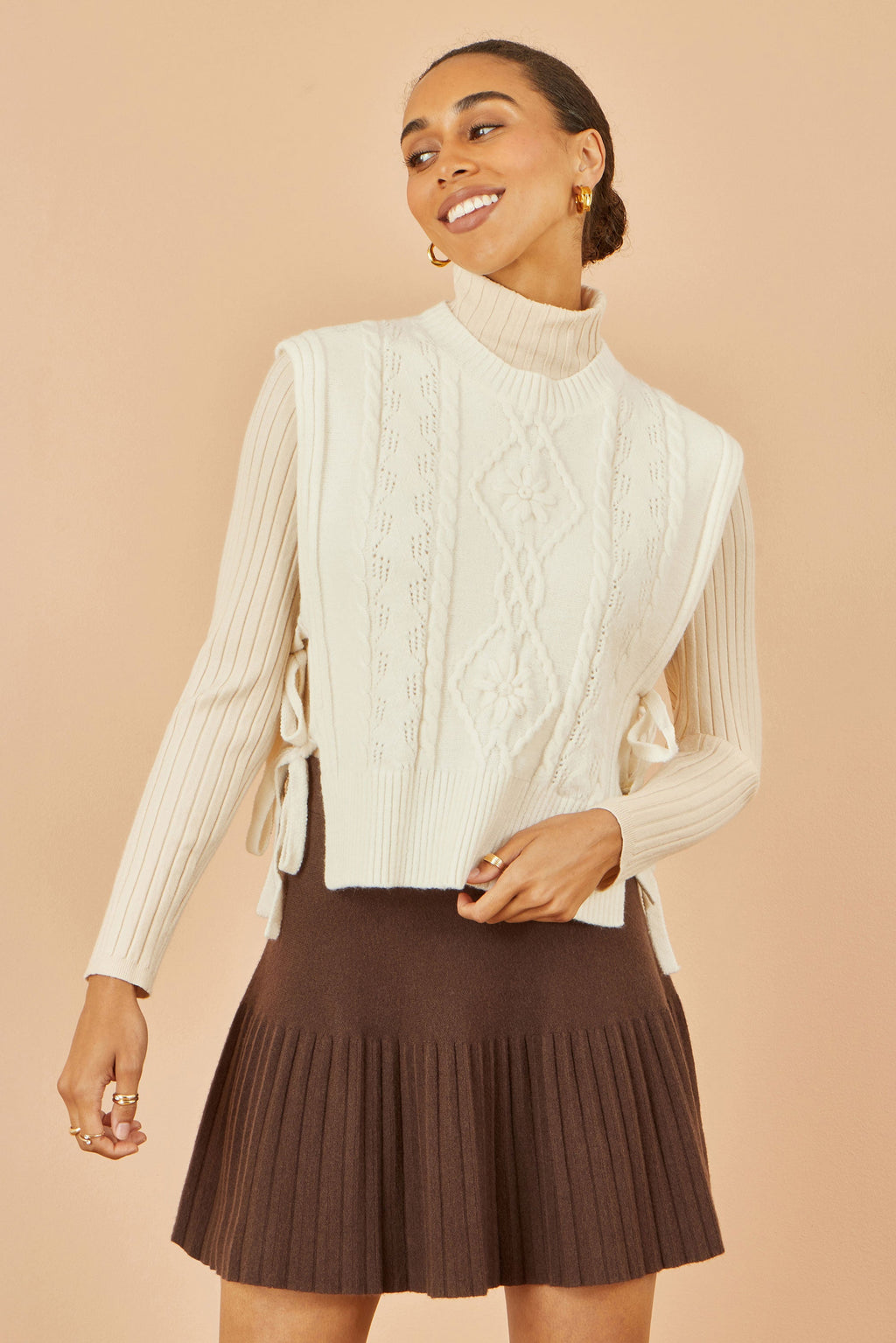 Ivory Flower Cable Knit Tie Side Pullover