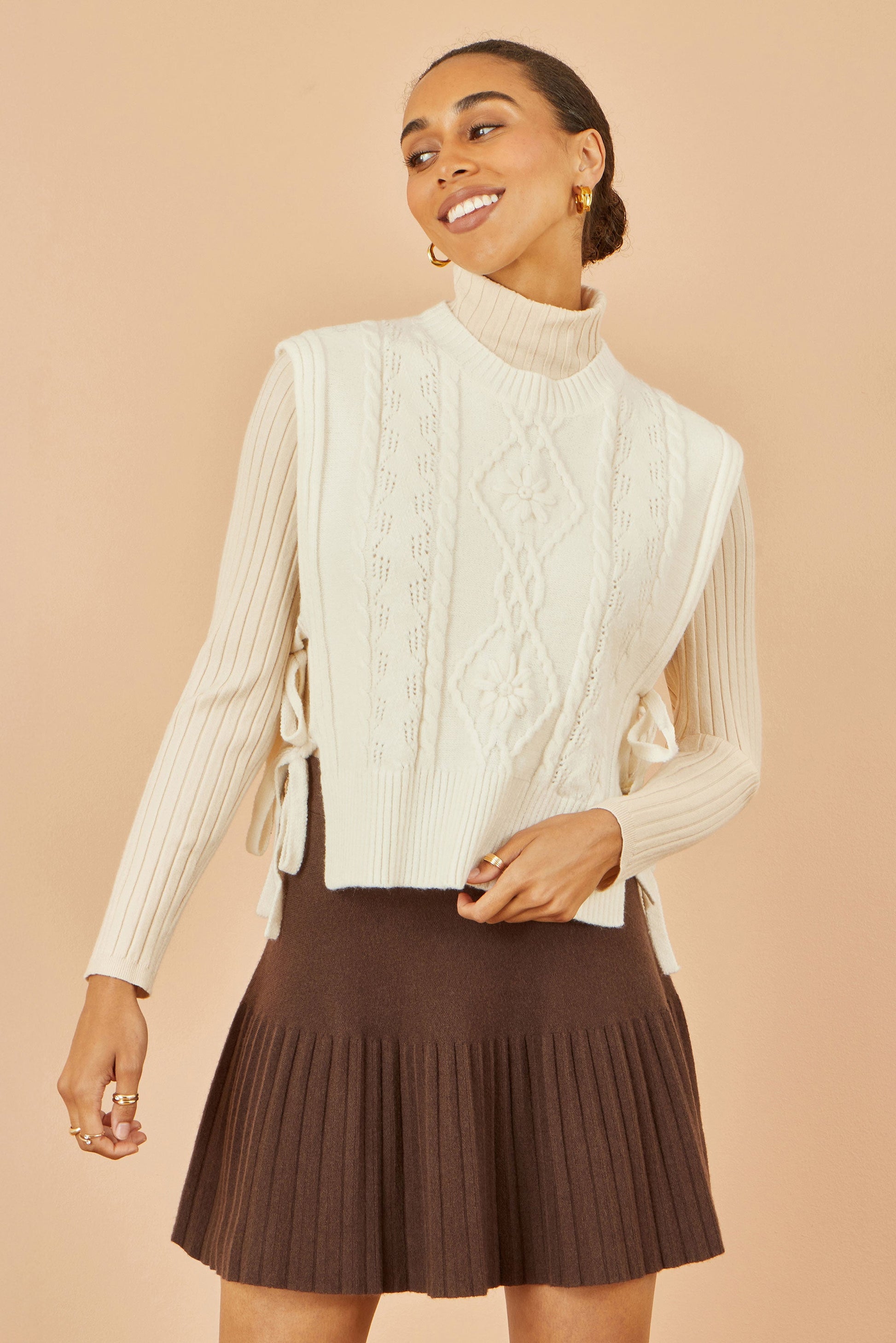 Ivory Flower Cable Knit Tie Side Pullover