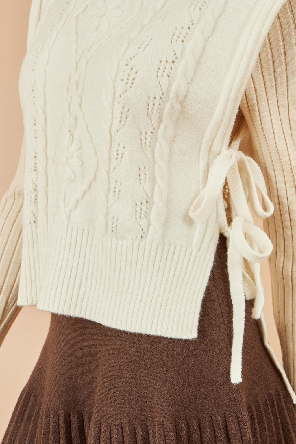 Ivory Flower Cable Knit Tie Side Pullover