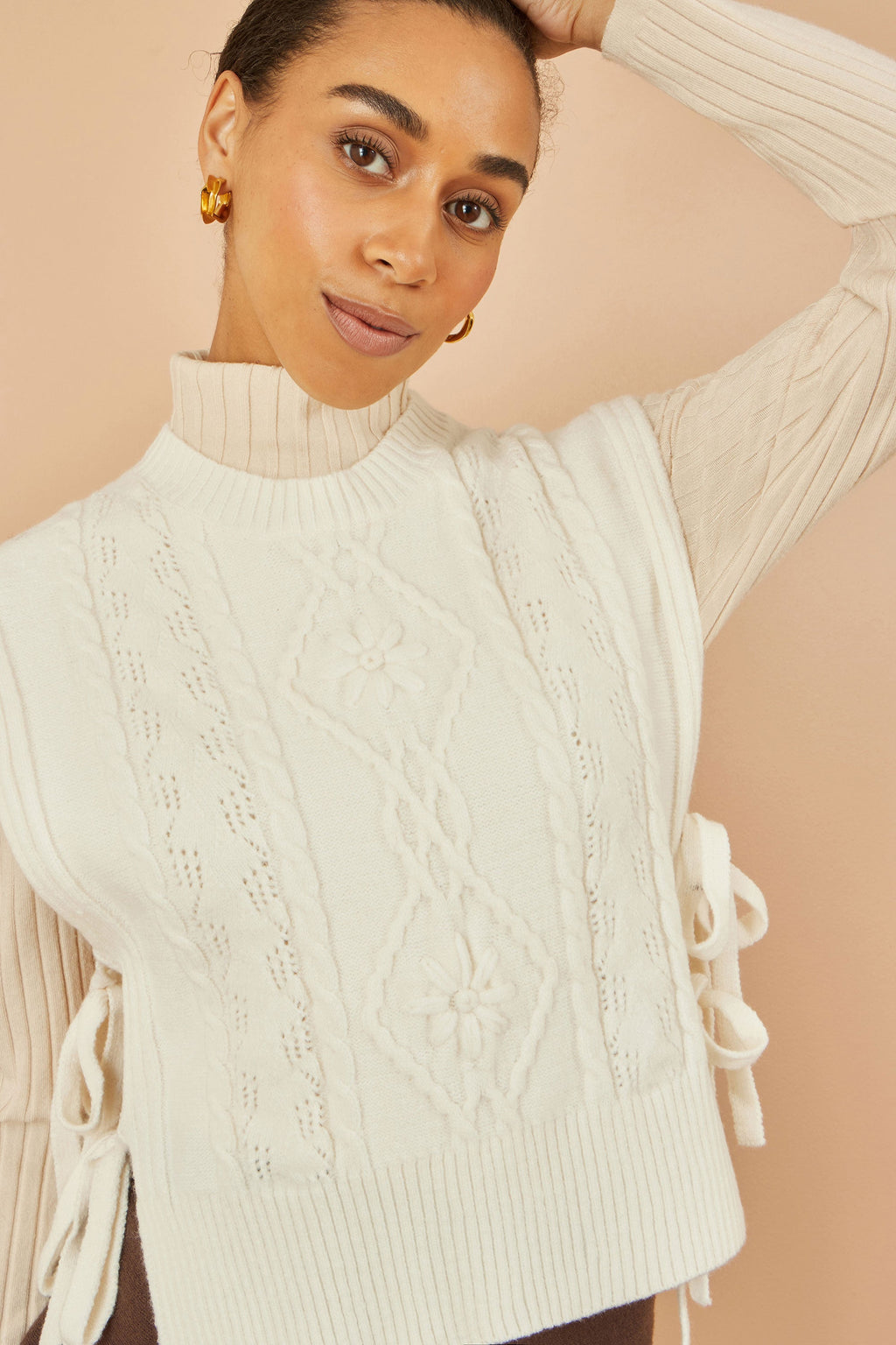 Ivory Flower Cable Knit Tie Side Pullover