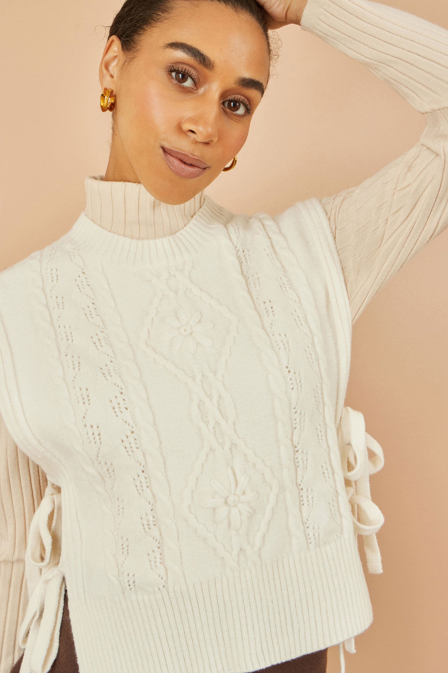 Ivory Flower Cable Knit Tie Side Pullover